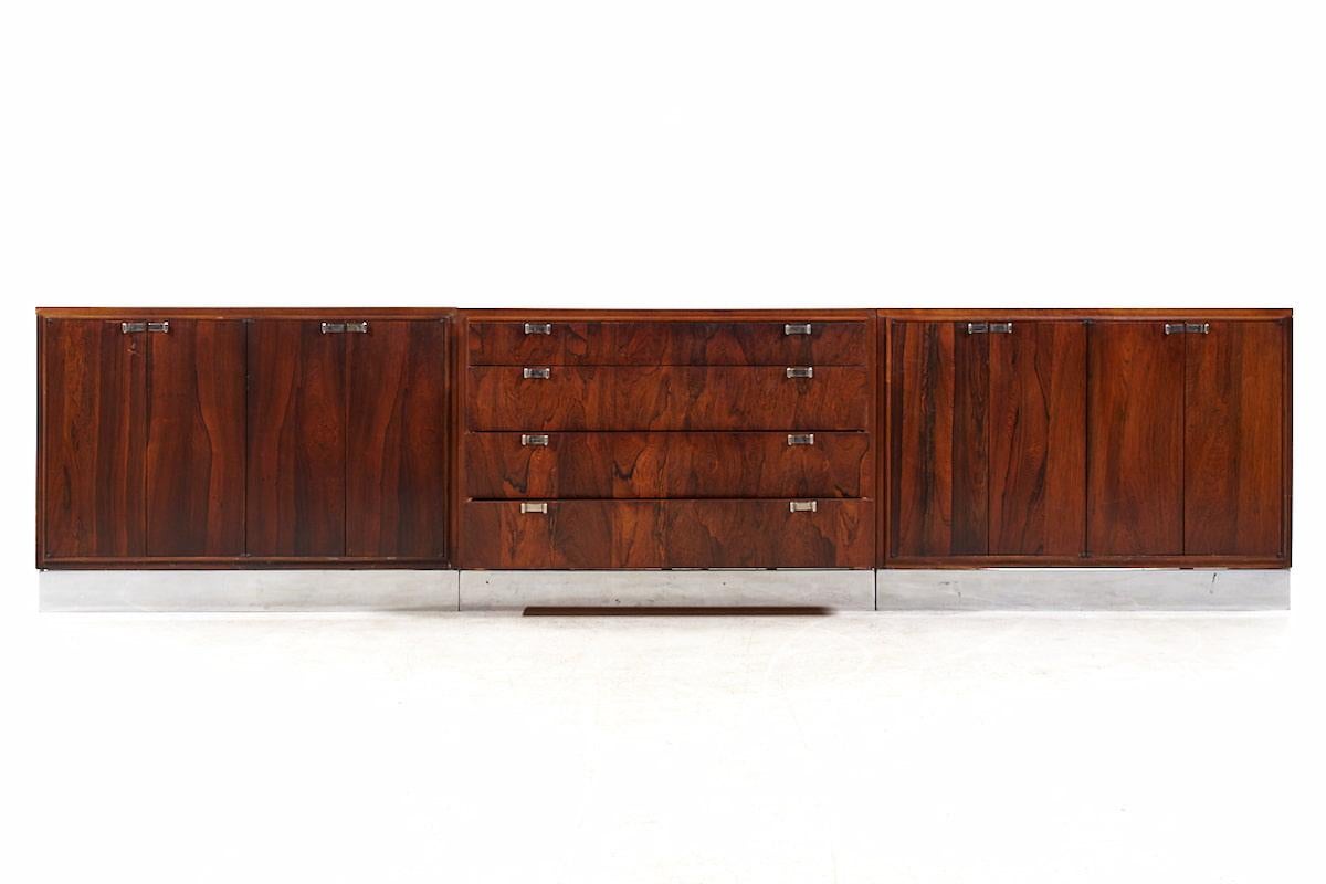 Bernhardt Flair Mid Century Rosewood and Chrome 3 Piece Credenza Set For Sale 8