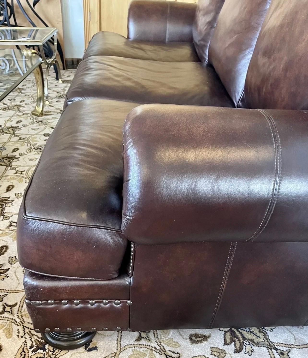 Bernhardt Furniture Brown Leather Nailhead Sofa In Good Condition In West Hartford, CT