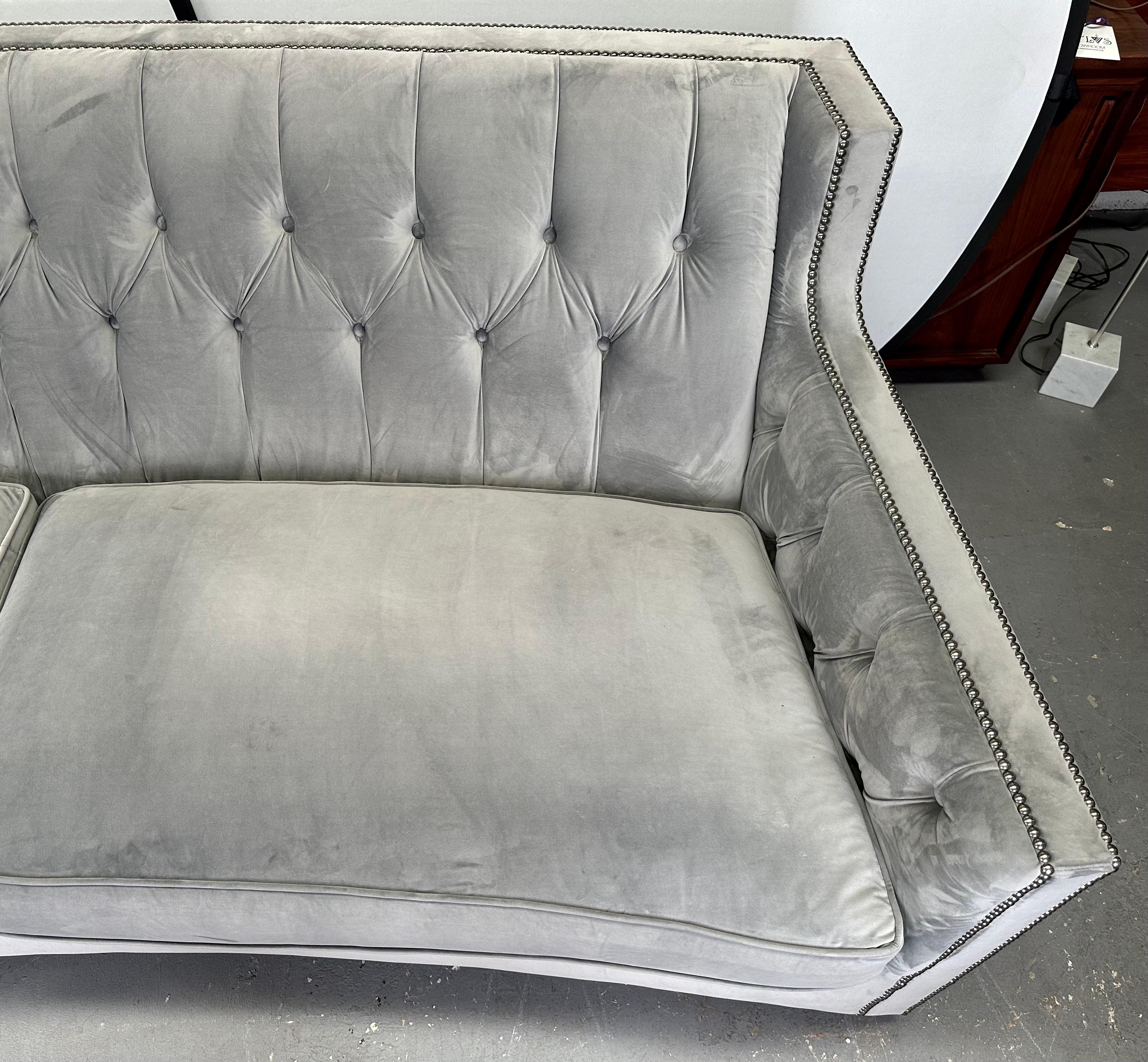 Bernhardt Furniture Mid-Century Modern Style Gray Suede Sofa with Studded Frame 2