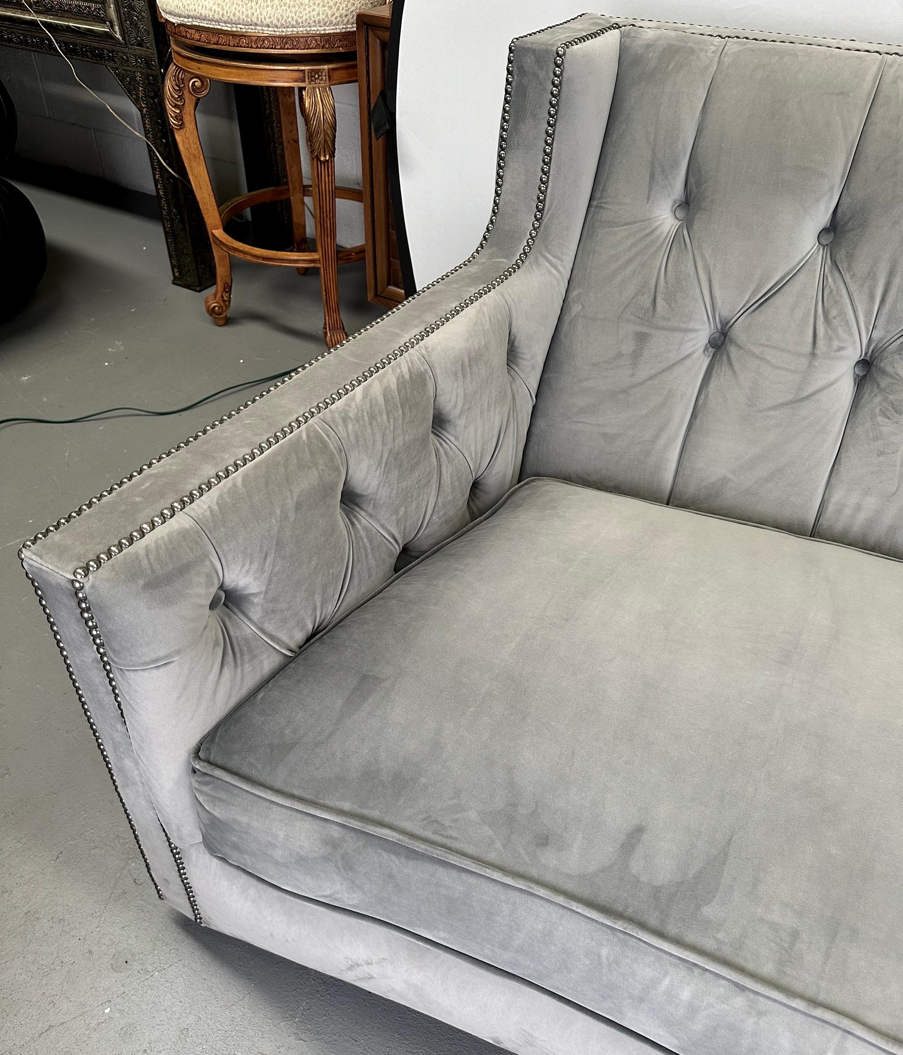 Bernhardt Furniture Mid-Century Modern Style Gray Suede Sofa with Studded Frame 8