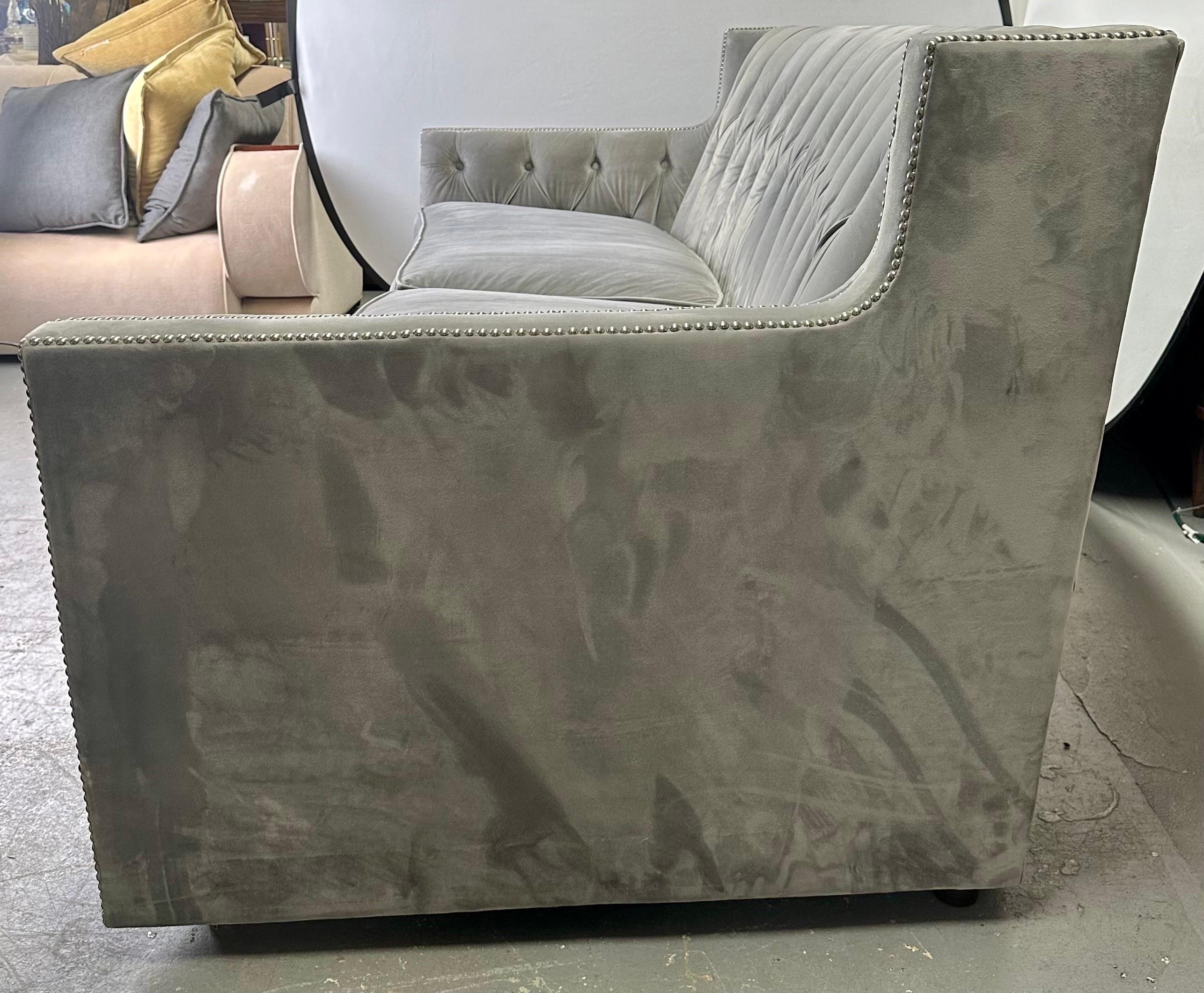 Contemporary Bernhardt Furniture Mid-Century Modern Style Gray Suede Sofa with Studded Frame