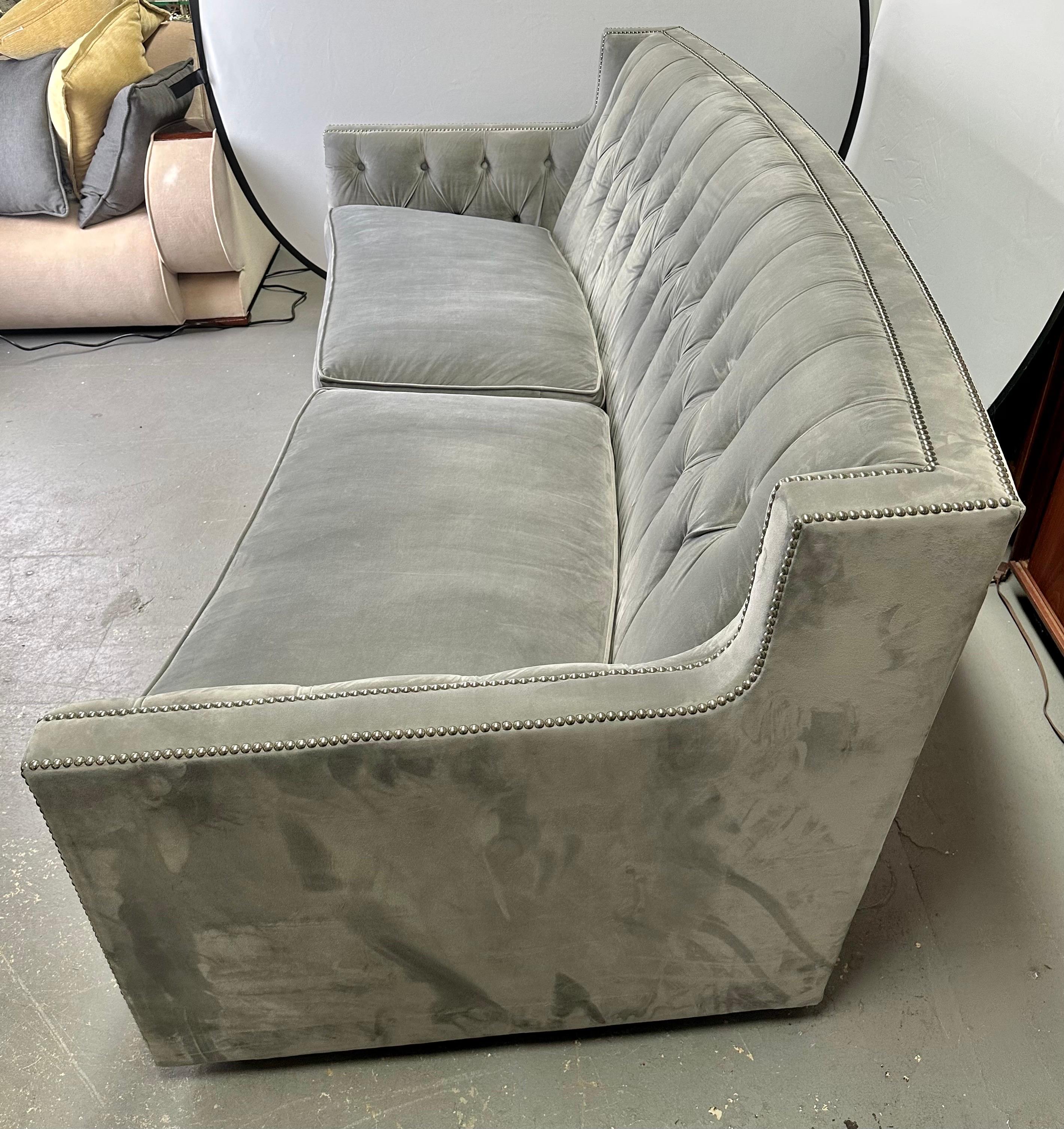 Bernhardt Furniture Mid-Century Modern Style Gray Suede Sofa with Studded Frame 1