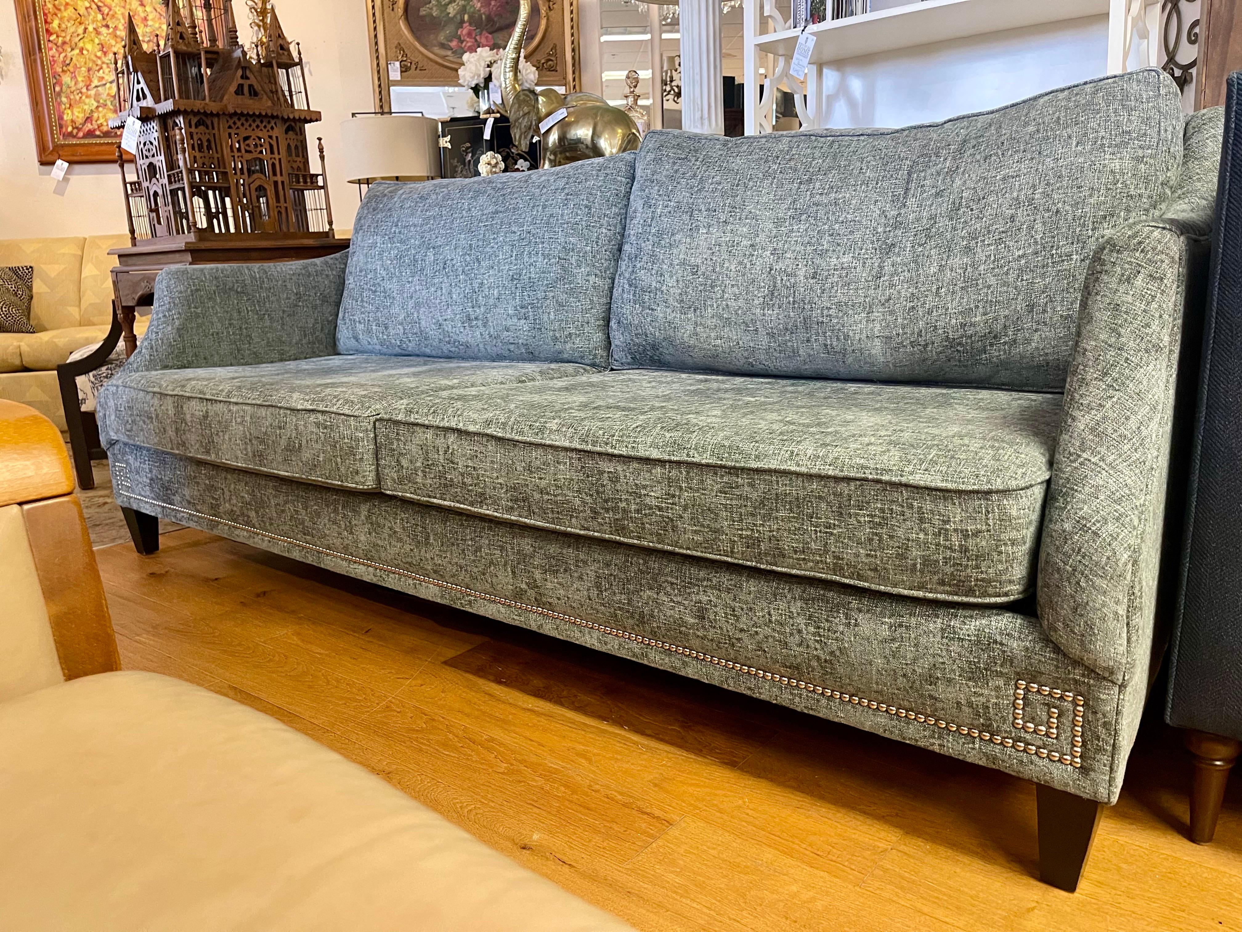 Mid-Century Modern Bernhardt Furniture Transitional Gray Upholstered Nailhead Sofa