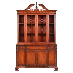 Bernhardt Georgian Carved Mahogany Breakfront Bookcase Cabinet