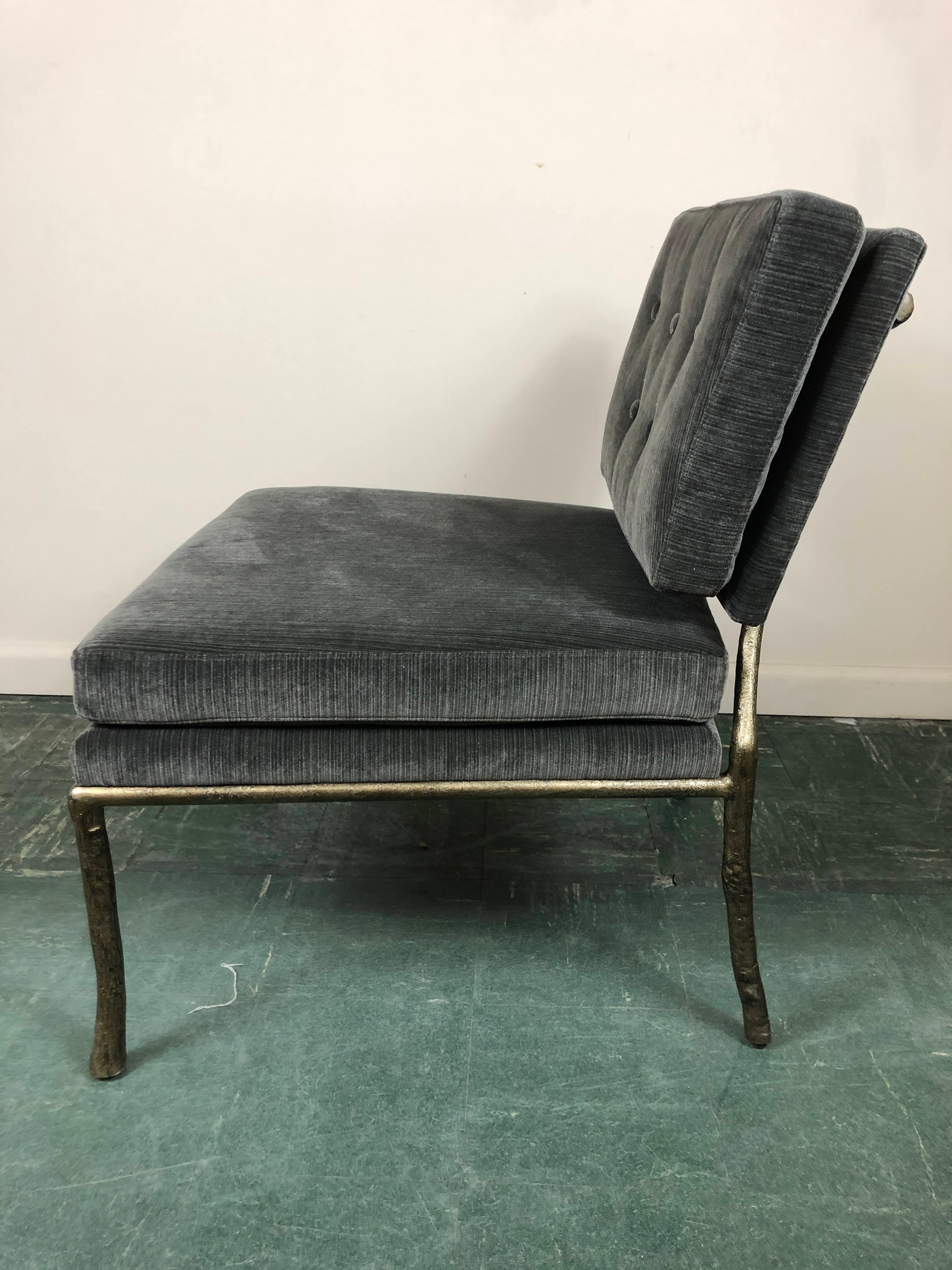 Bernhardt Grey Velvet Lounge Chair with Metal Branch Frame & Tufted Backrest.