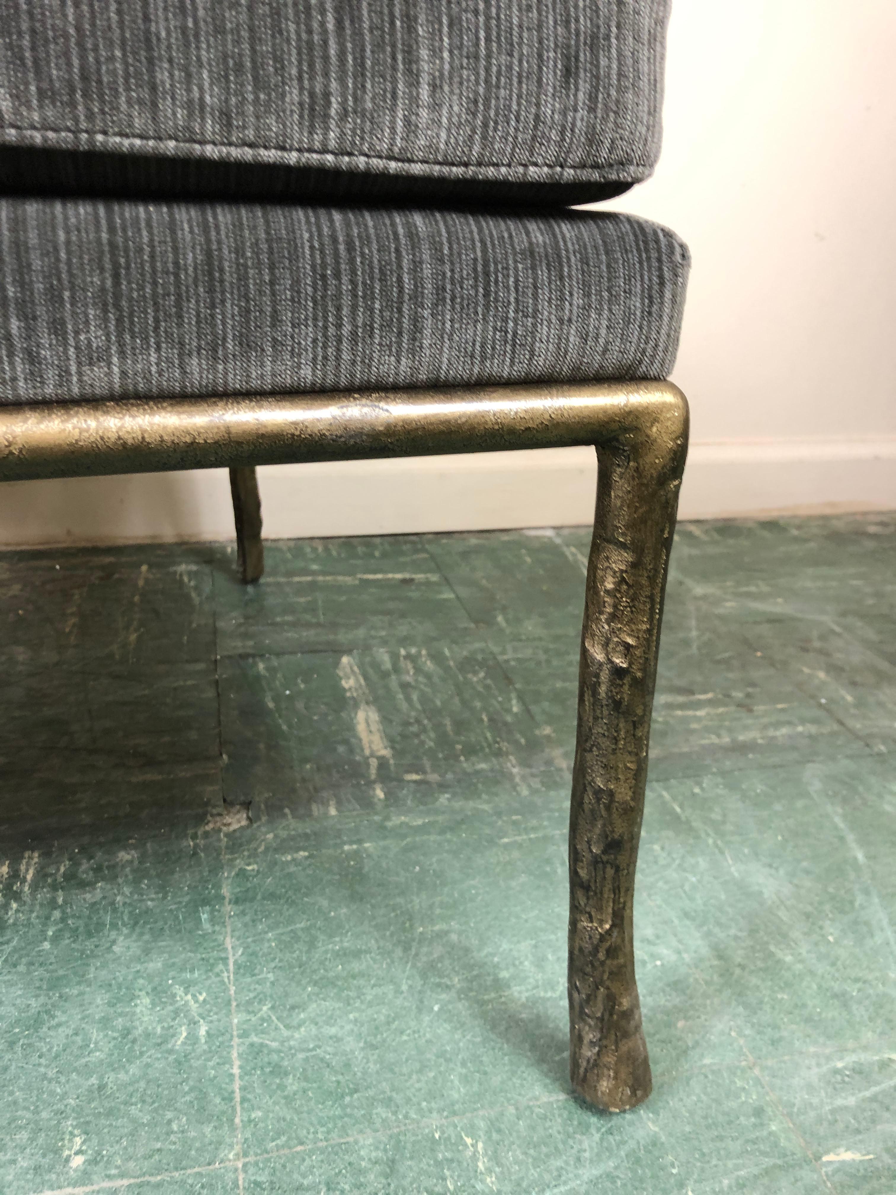 Brass Bernhardt Grey Velvet Lounge Chair with Metal Branch Frame
