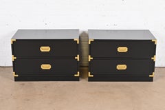 Bernhardt Hollywood Regency Black Lacquered Campaign Nightstands, Refinished