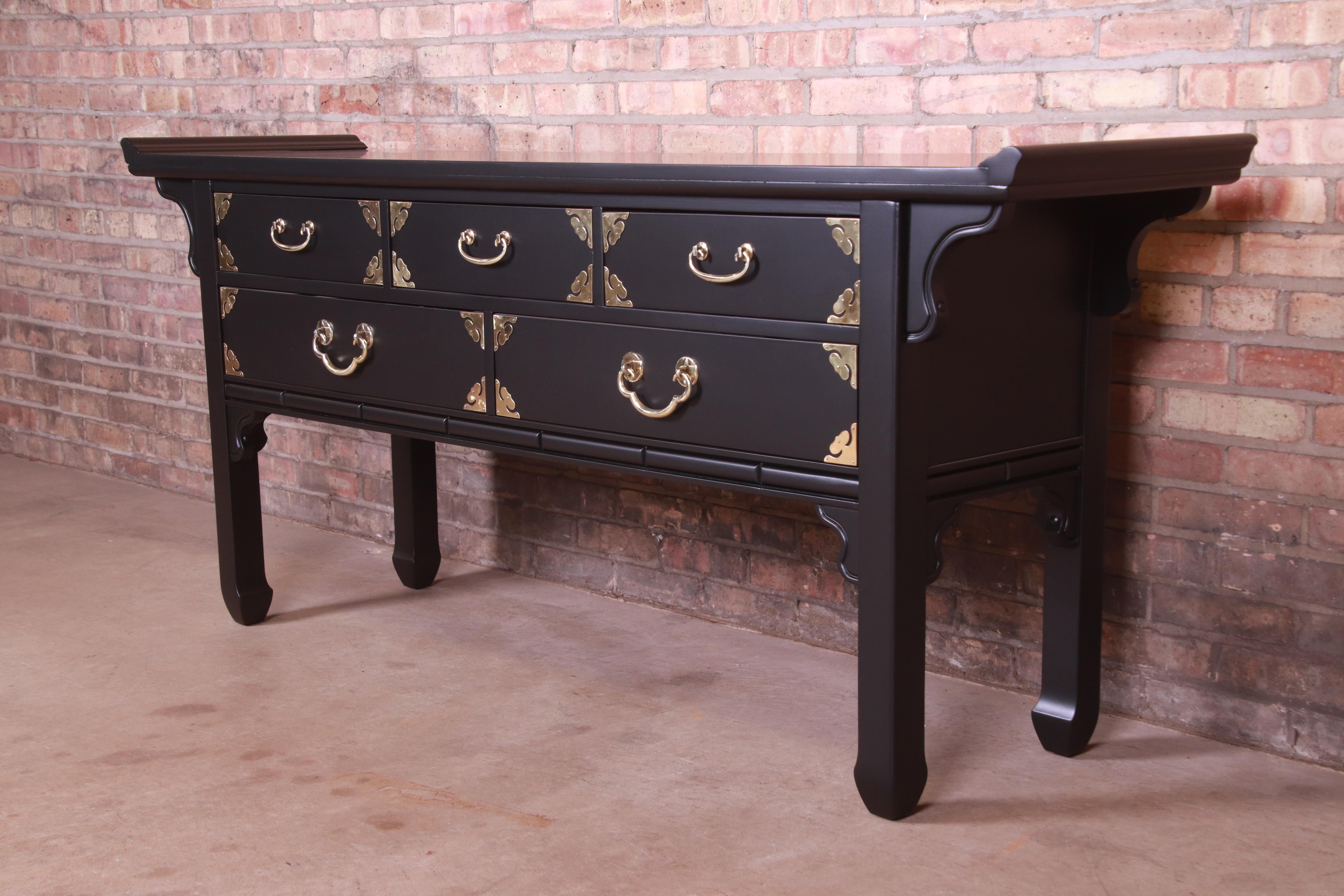 American Bernhardt Hollywood Regency Chinoiserie Black Lacquered Sideboard or Console