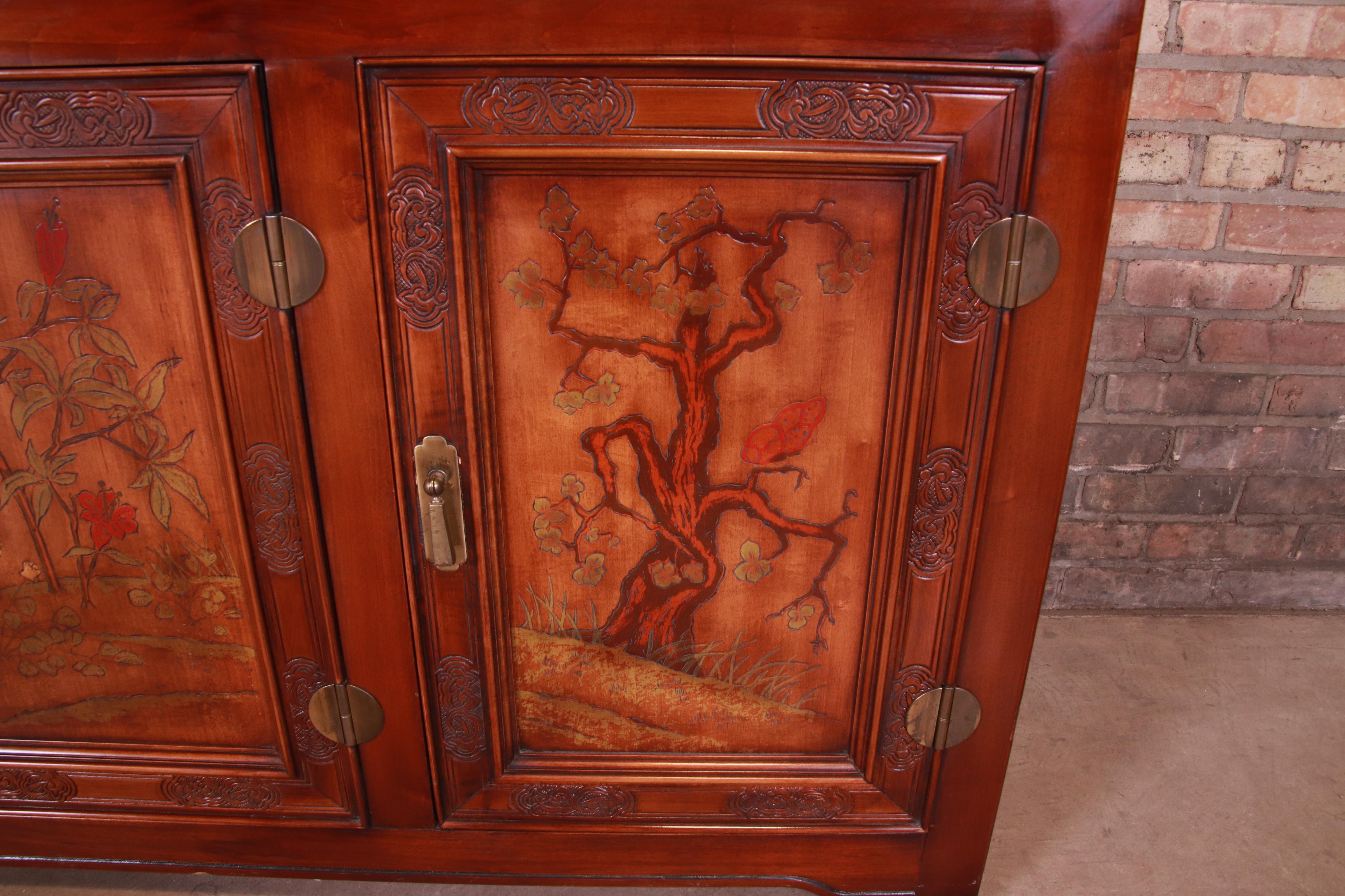 American Bernhardt Hollywood Regency Chinoiserie Breakfront Bookcase or Bar Cabinet