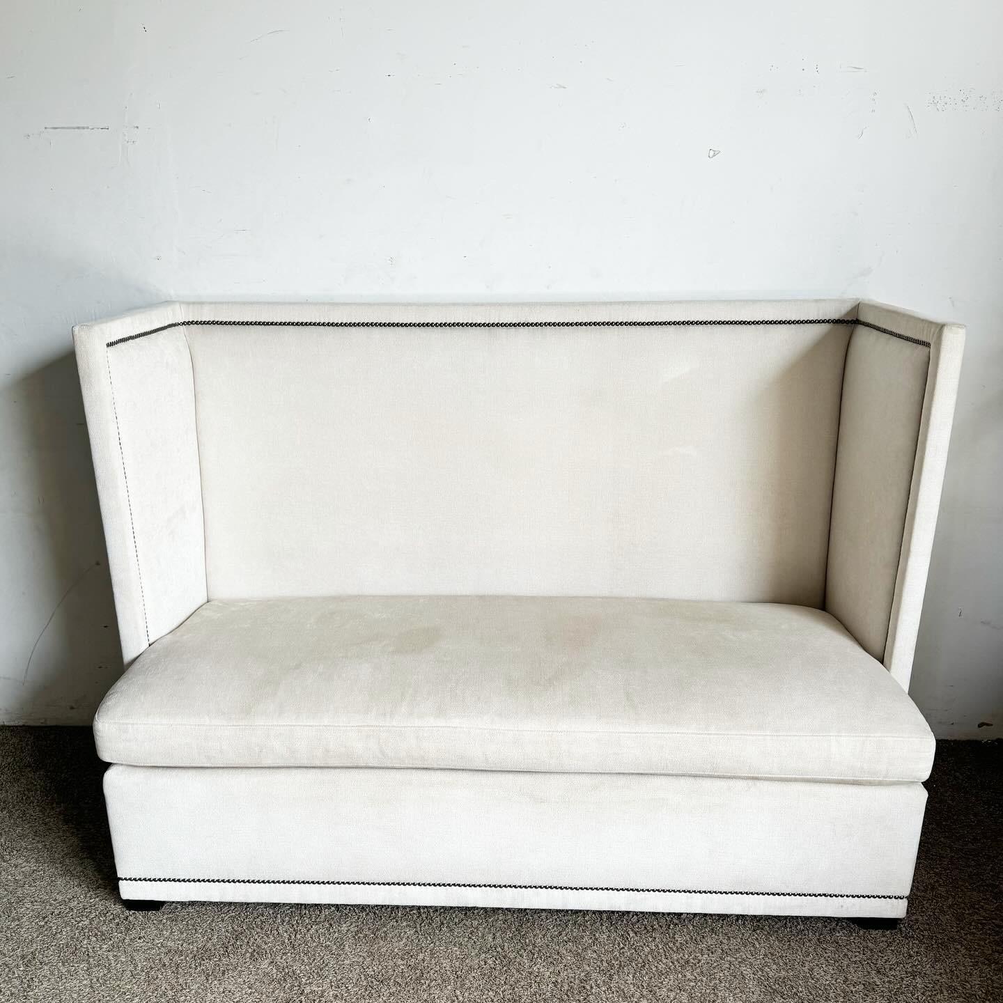 Bernhardt Ivory Fabric With Brushed Metal Nails Marcourt Banquette Sofa For Sale 5
