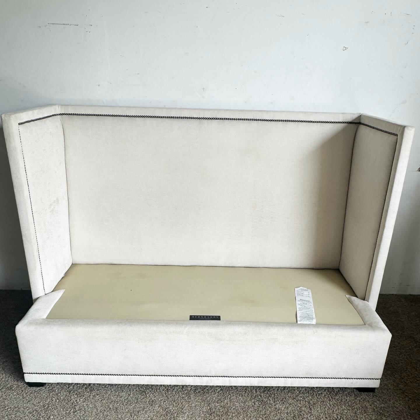 Contemporary Bernhardt Ivory Fabric With Brushed Metal Nails Marcourt Banquette Sofa For Sale