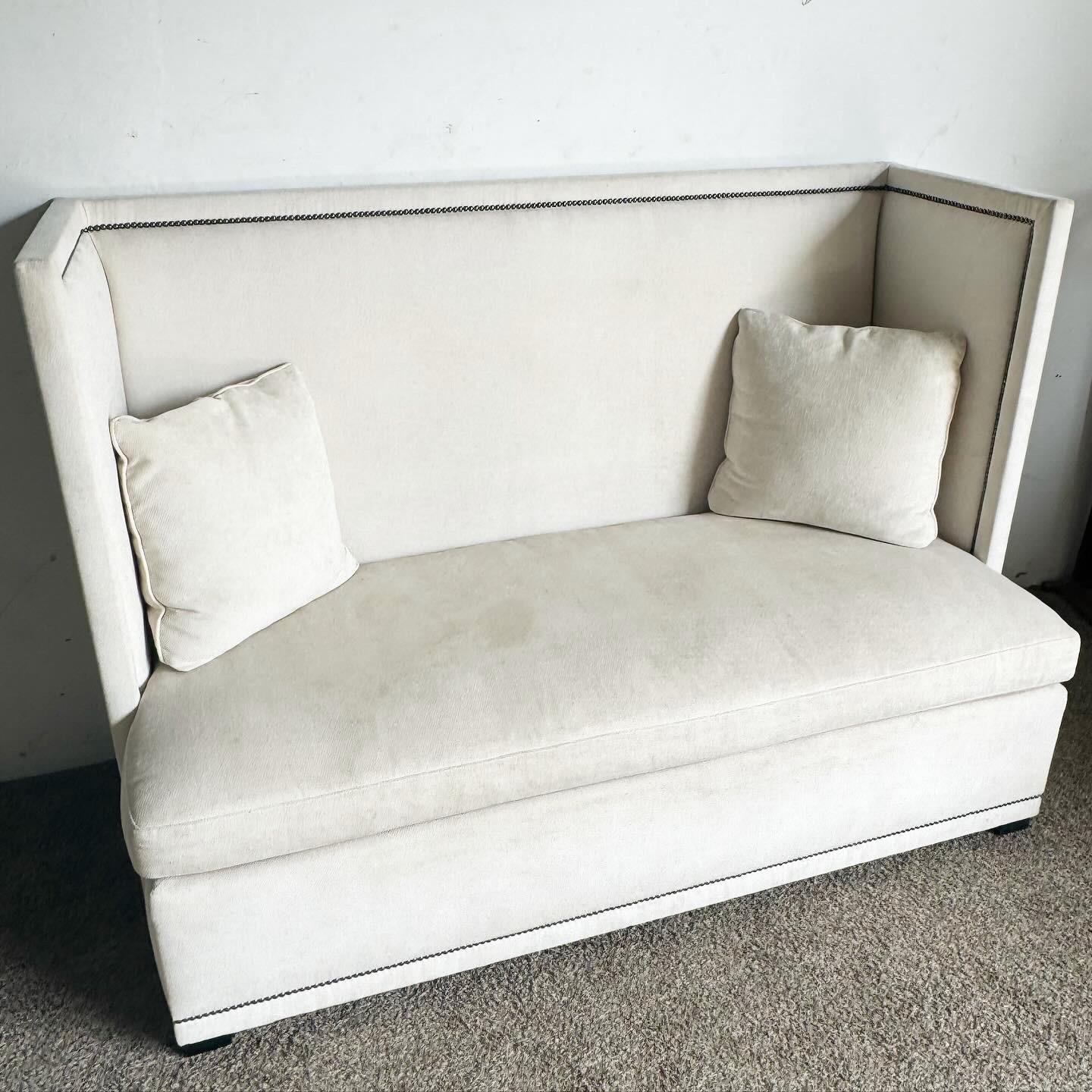 Bernhardt Ivory Fabric With Brushed Metal Nails Marcourt Banquette Sofa For Sale 1