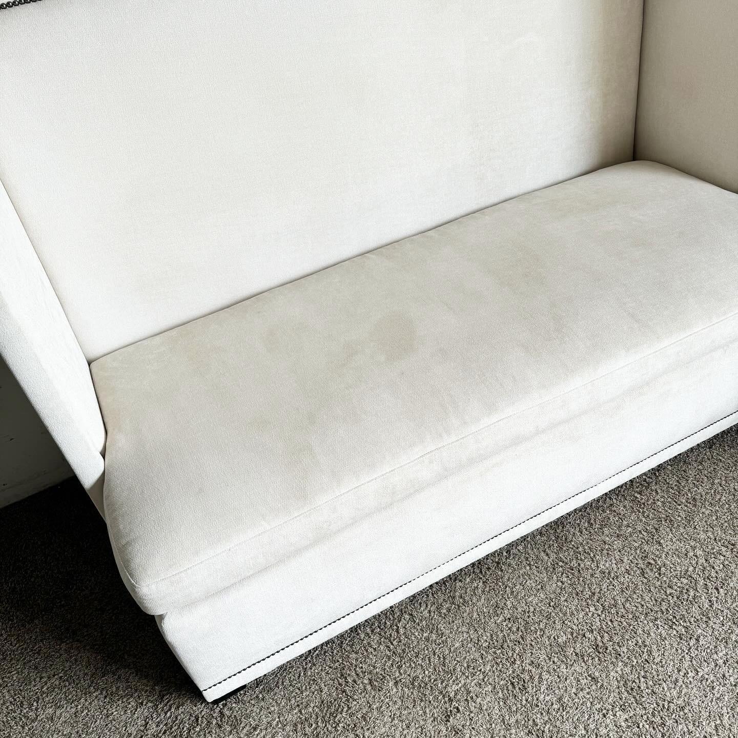 Bernhardt Ivory Fabric With Brushed Metal Nails Marcourt Banquette Sofa For Sale 4