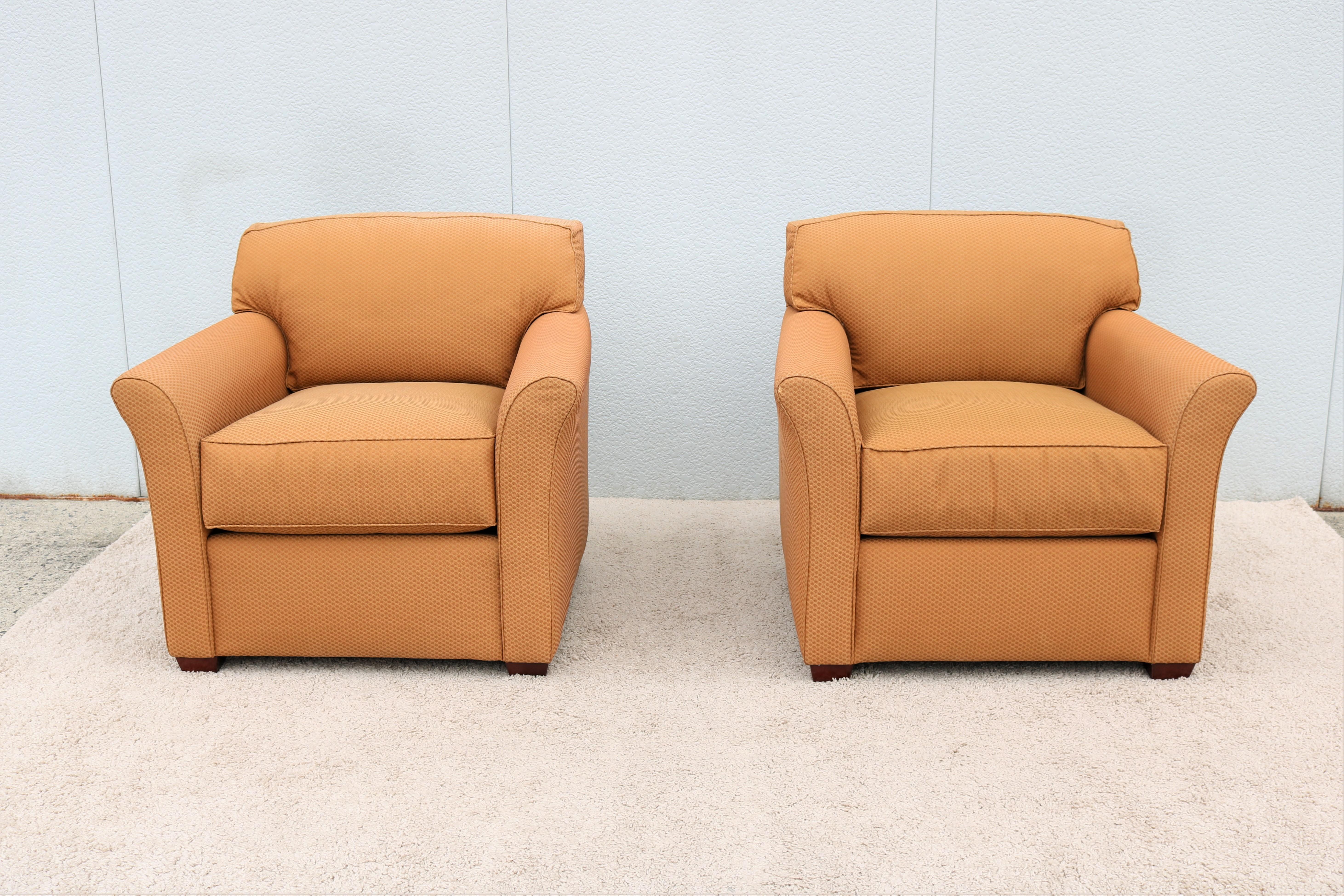 This high-end quality pair of lounge chairs by Bernhardt, are very comfortable and extremely supportive.
Features a firmly stuffed back cushion with rolled arms and loose seat cushions with removable covers.
The Lawson is considered to be the lounge