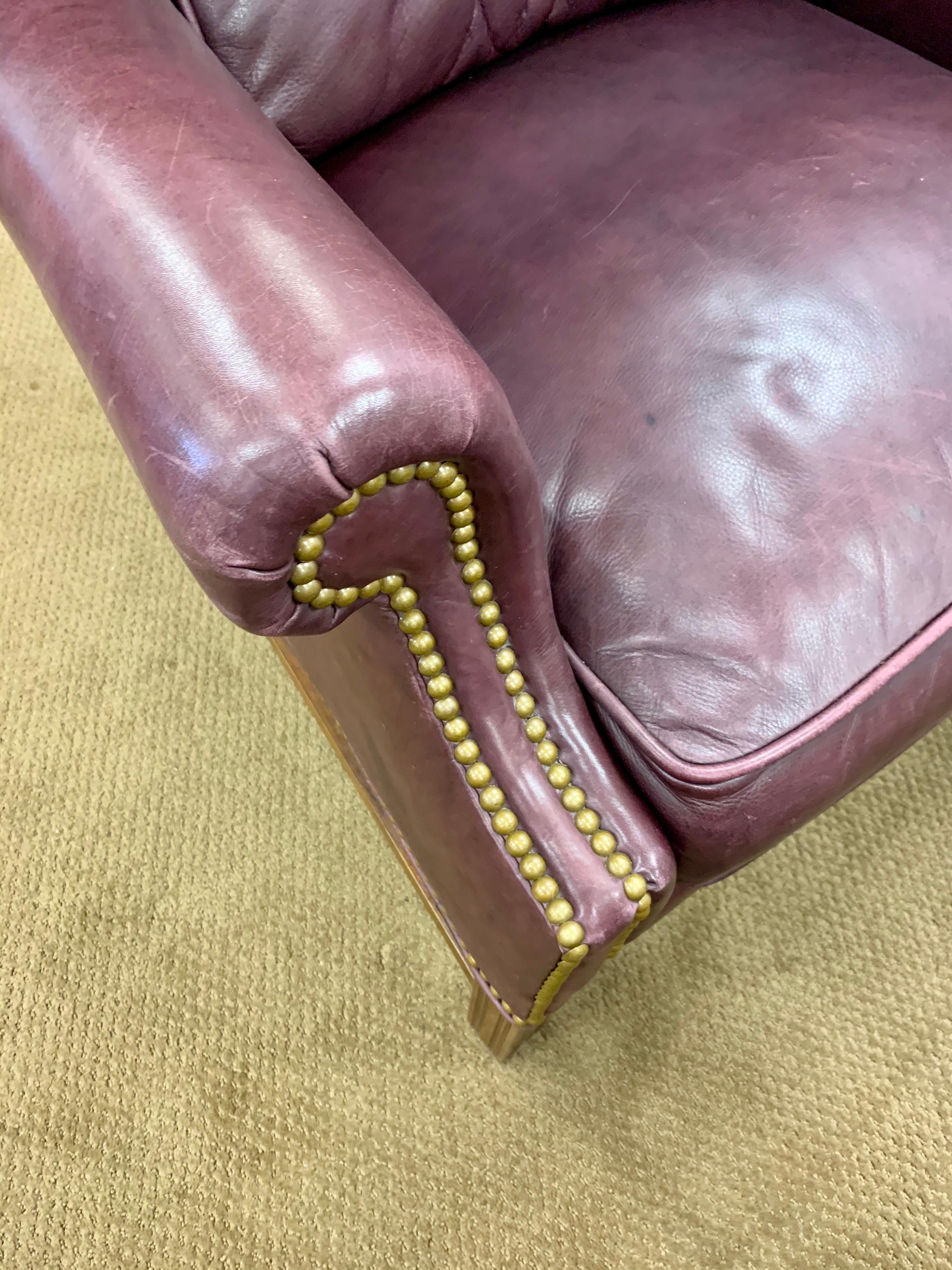 Bernhardt Leather with Nailheads George the III Wingback Reading Chair In Good Condition In West Hartford, CT