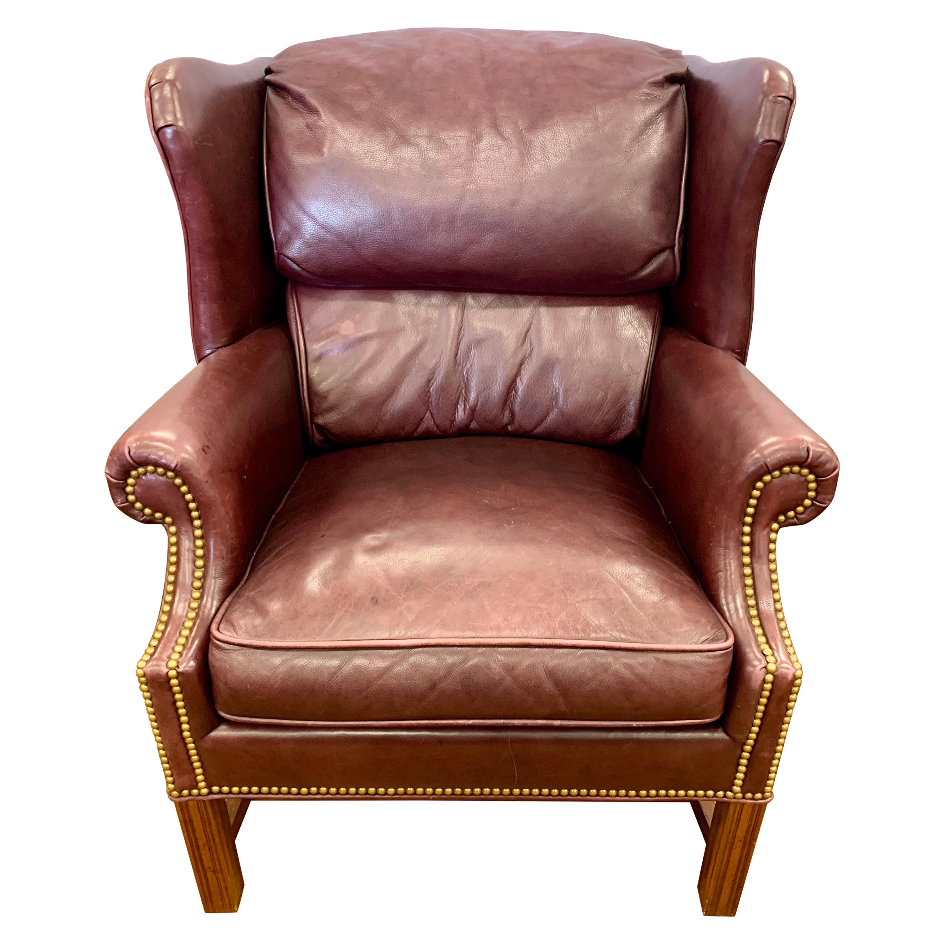 Bernhardt Leather with Nailheads George the III Wingback Reading Chair