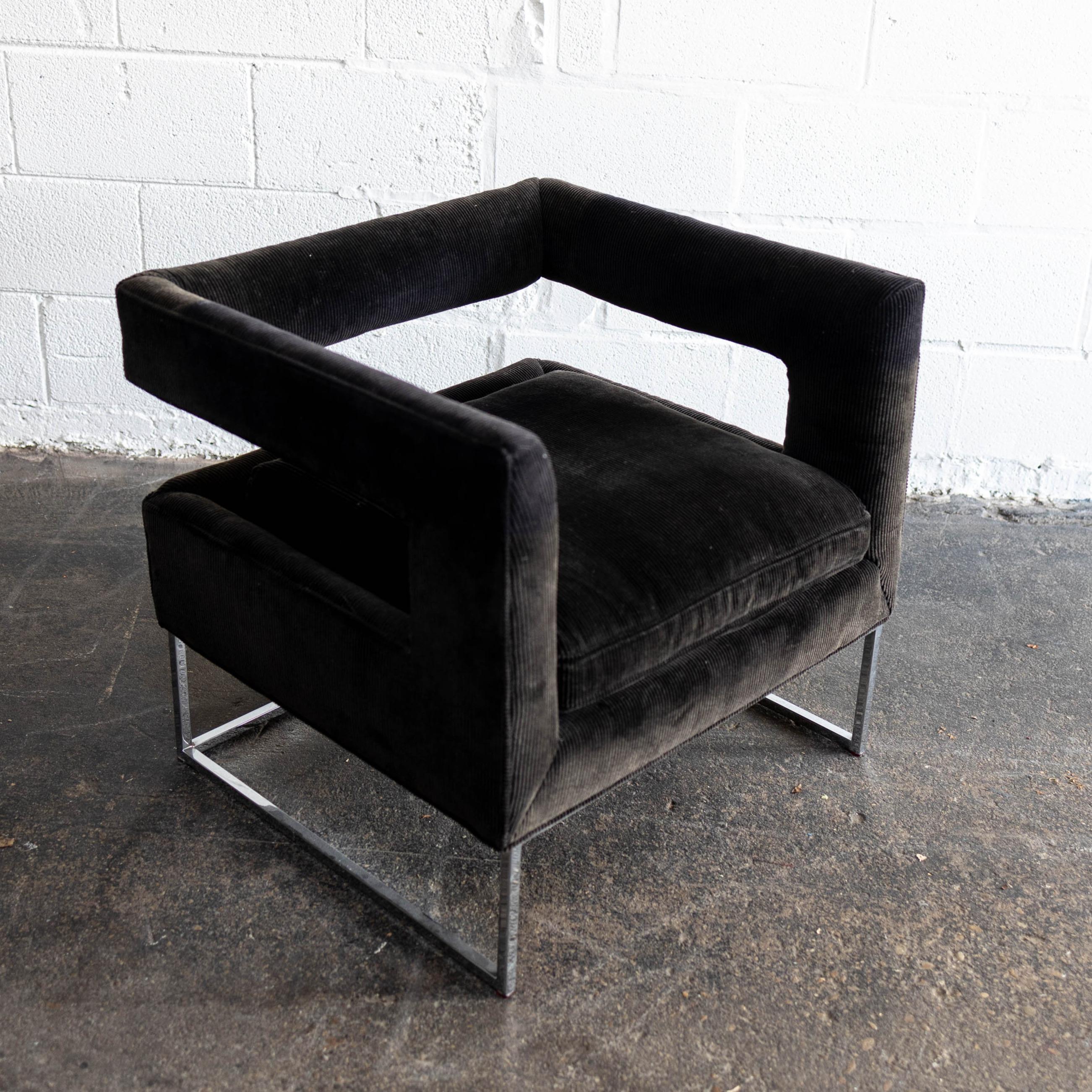 upholstered in their original black / dark charcoal corduroy with a lovely chrome base