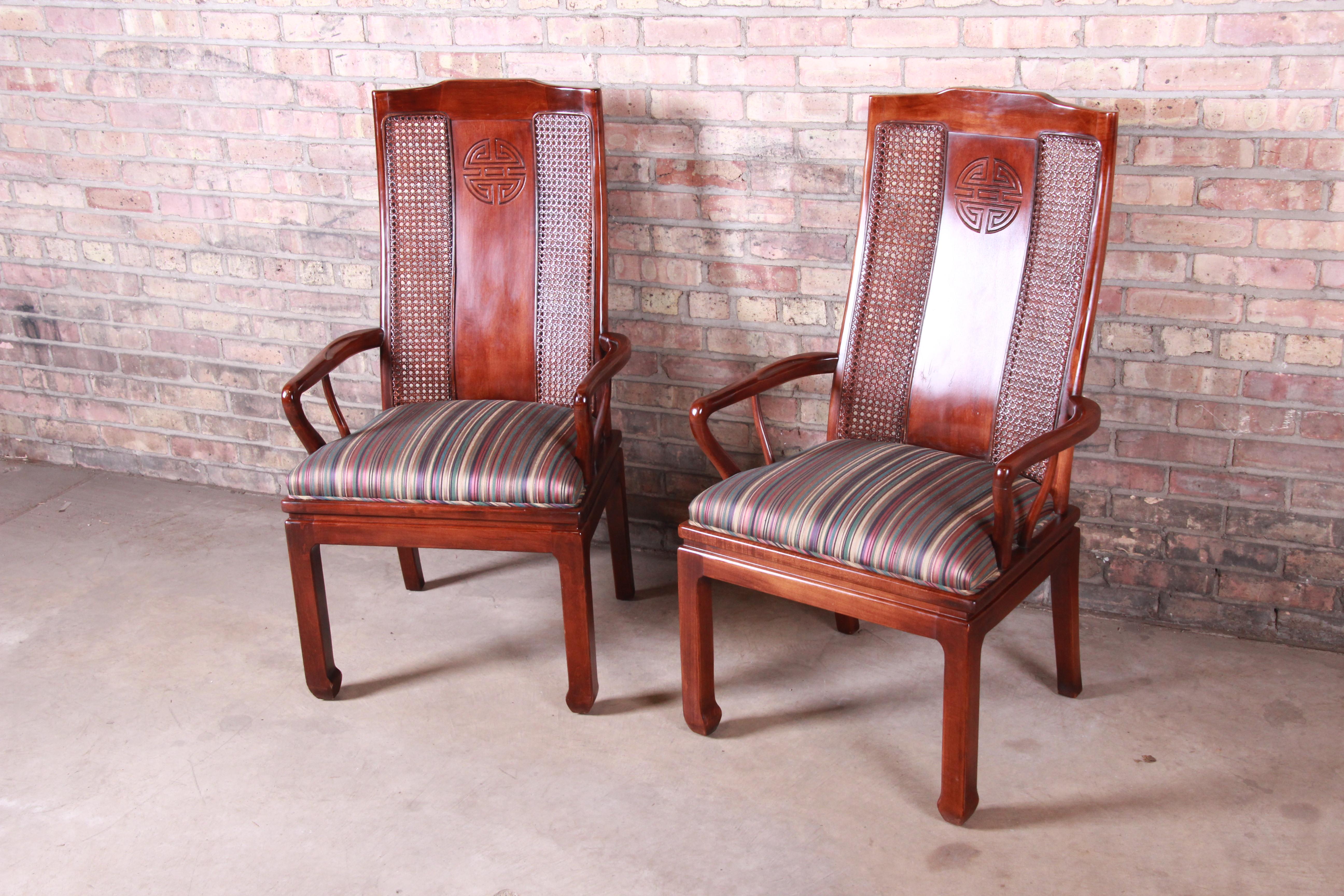 American Bernhardt Mahogany and Cane Chinoiserie Armchairs, Pair