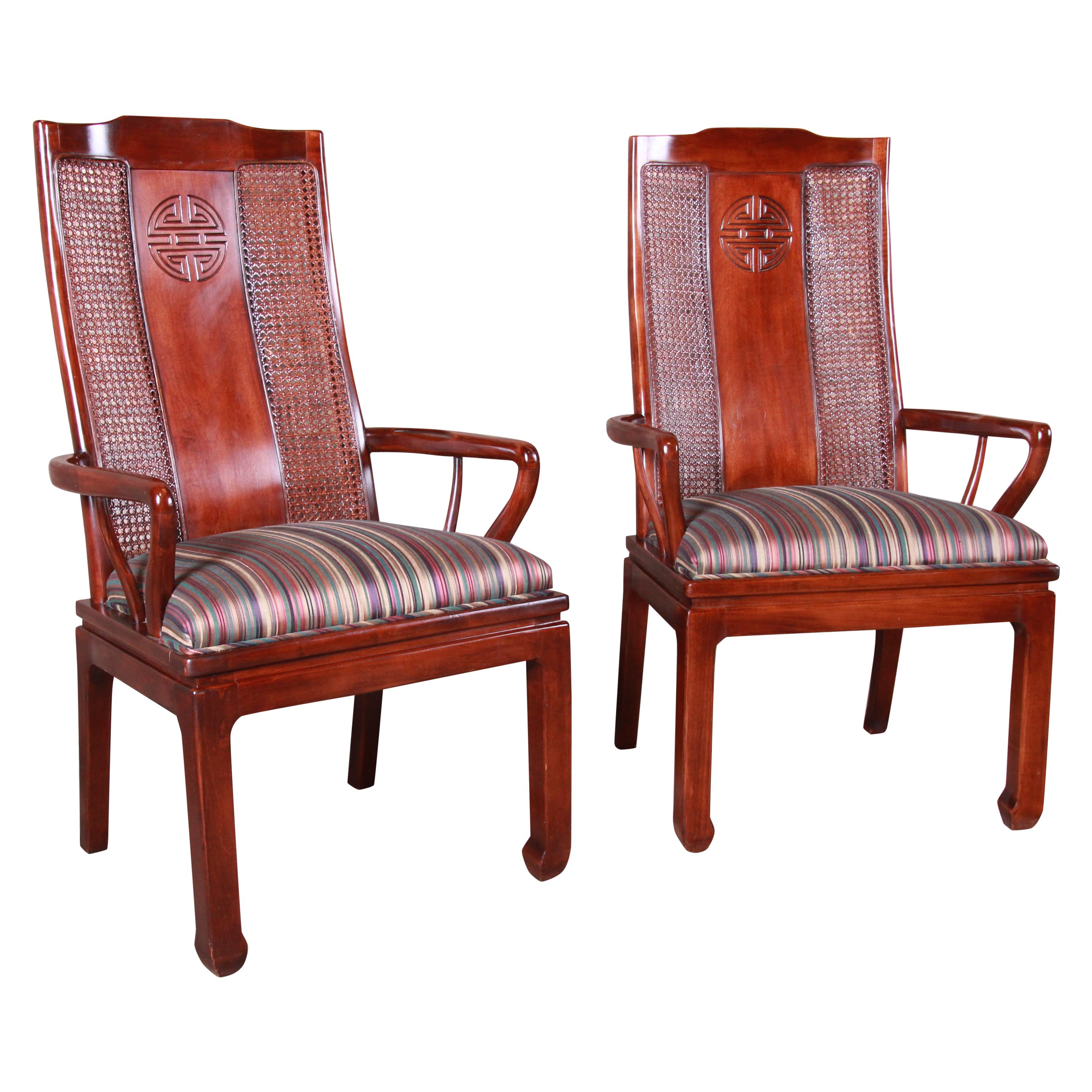 Bernhardt Mahogany and Cane Chinoiserie Armchairs, Pair