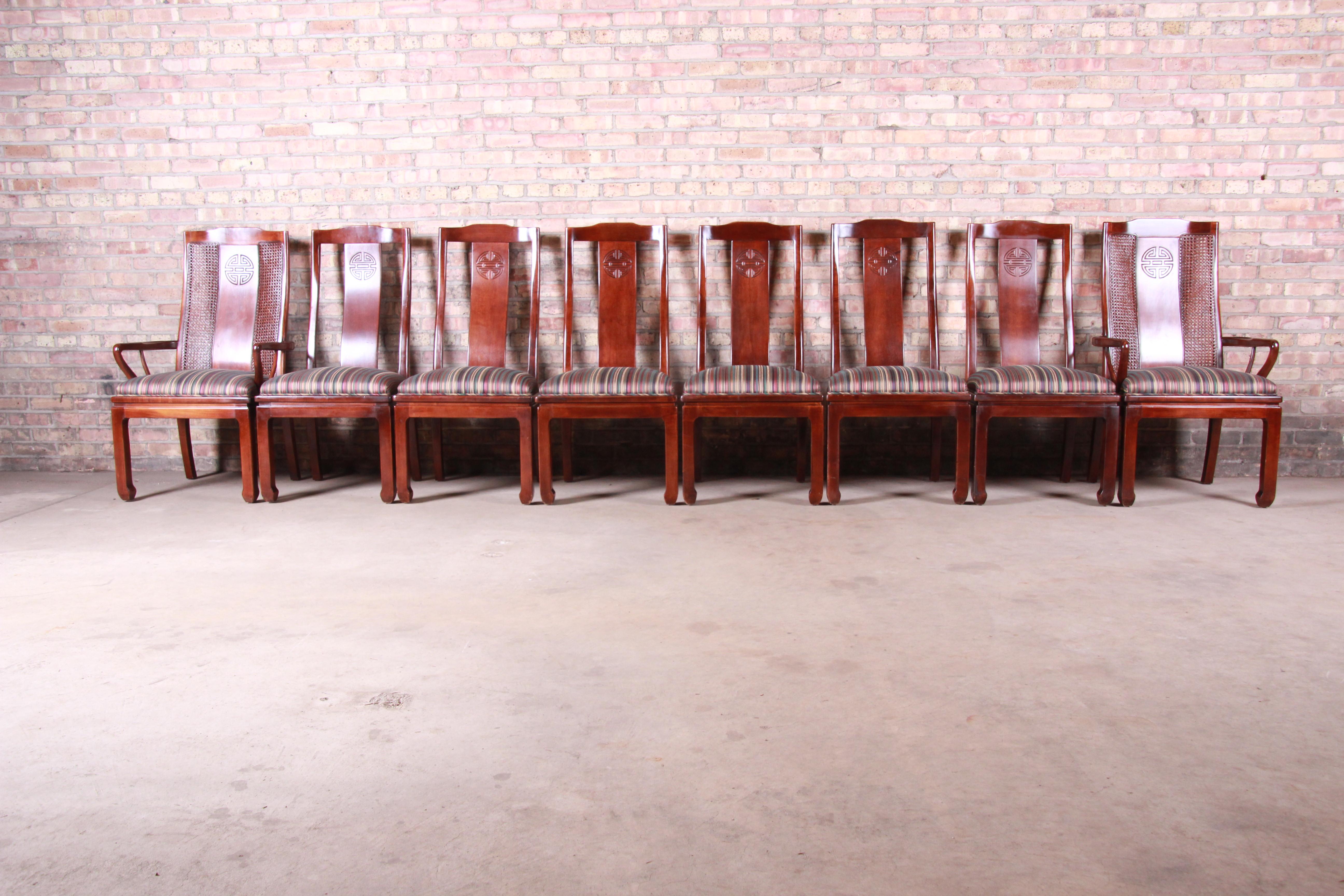 American Bernhardt Mahogany and Cane Chinoiserie Dining Chairs, Set of Eight