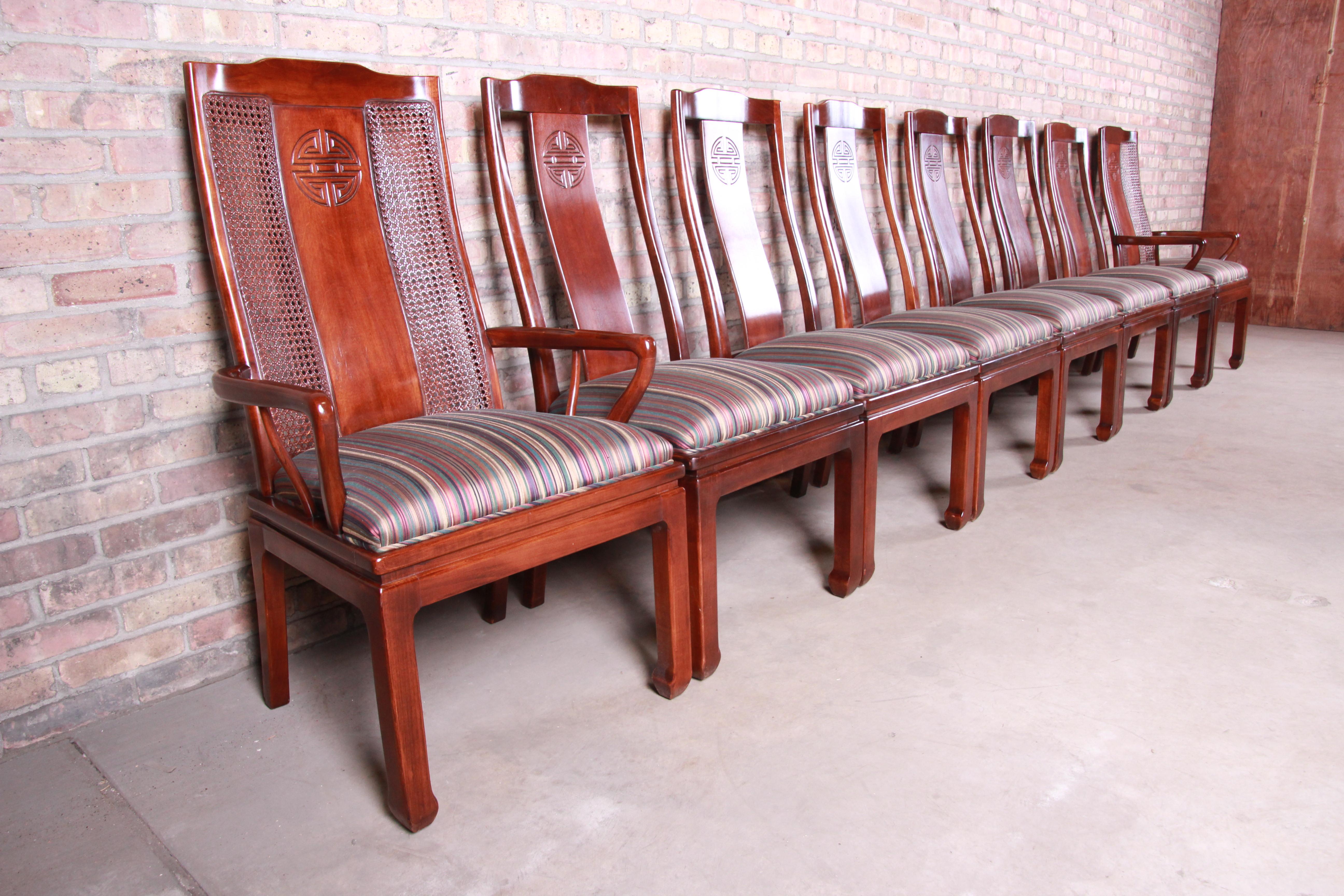 Bernhardt Mahogany and Cane Chinoiserie Dining Chairs, Set of Eight In Good Condition In South Bend, IN