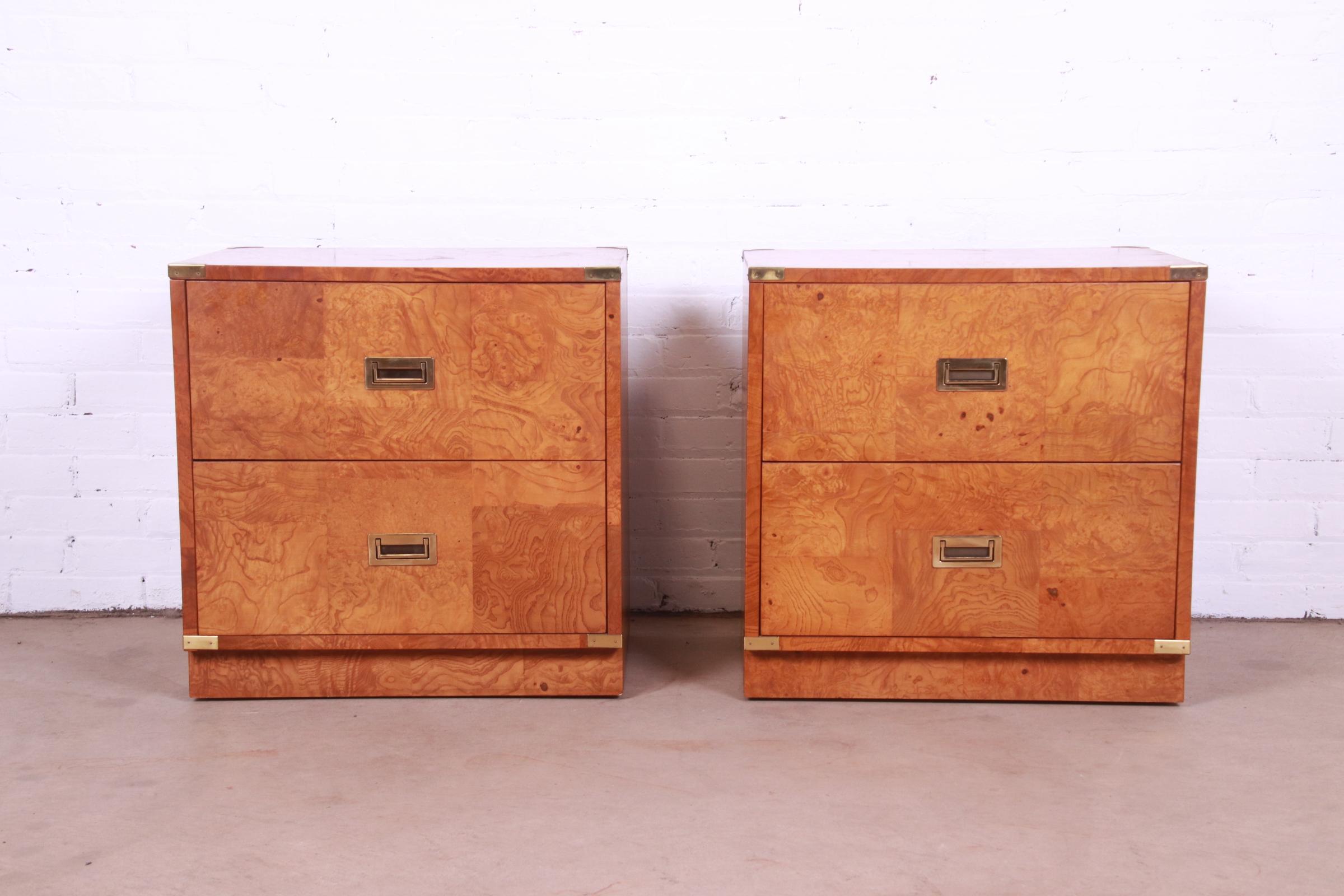 Bernhardt MidCentury Modern Burl Wood Campaign Nightstands, Pair at