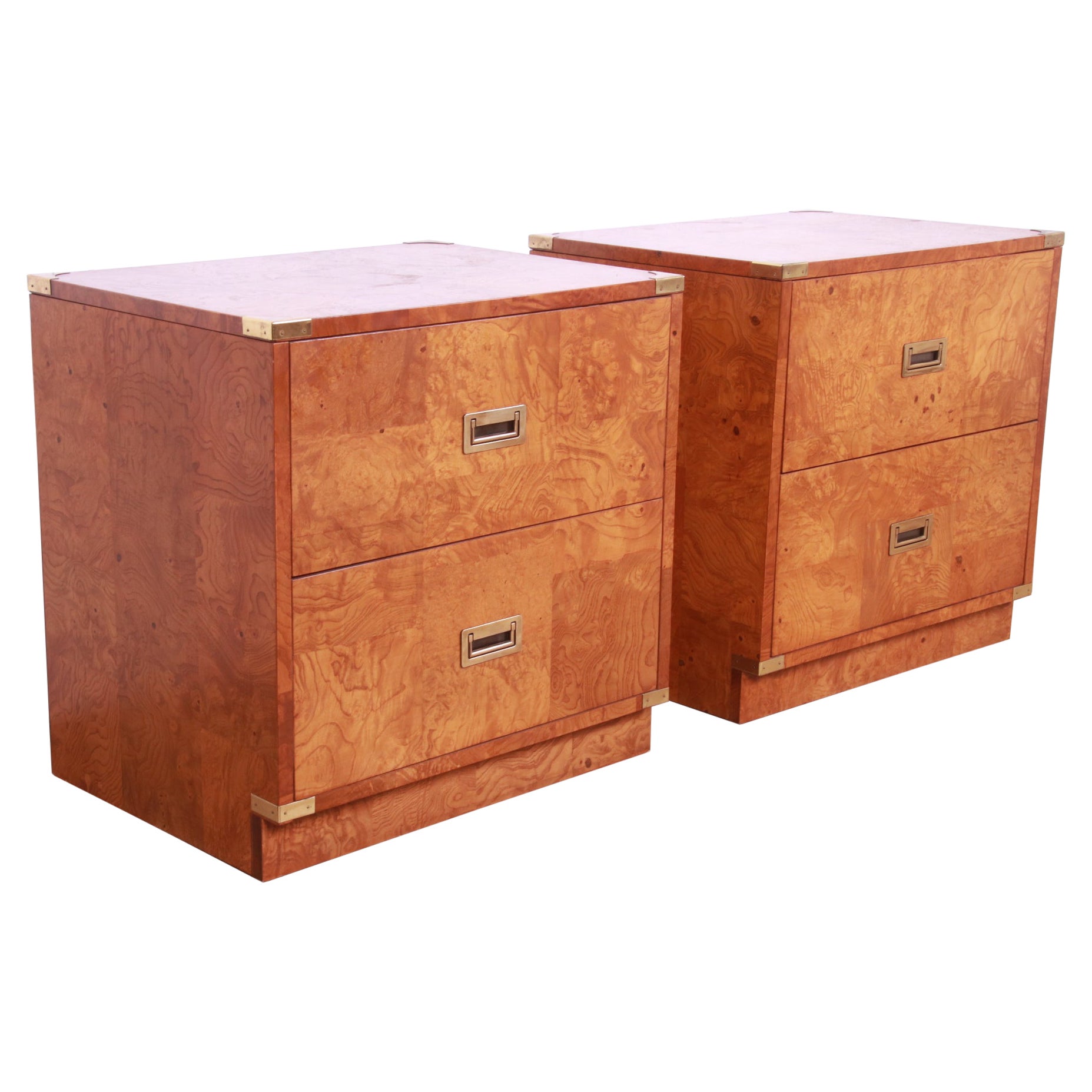 Bernhardt Mid-Century Modern Burl Wood Campaign Nightstands, Pair