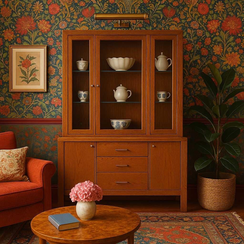 Bernhardt Mid-Century Modern Lighted Oak Display Hutch Cabinet, USA, 75