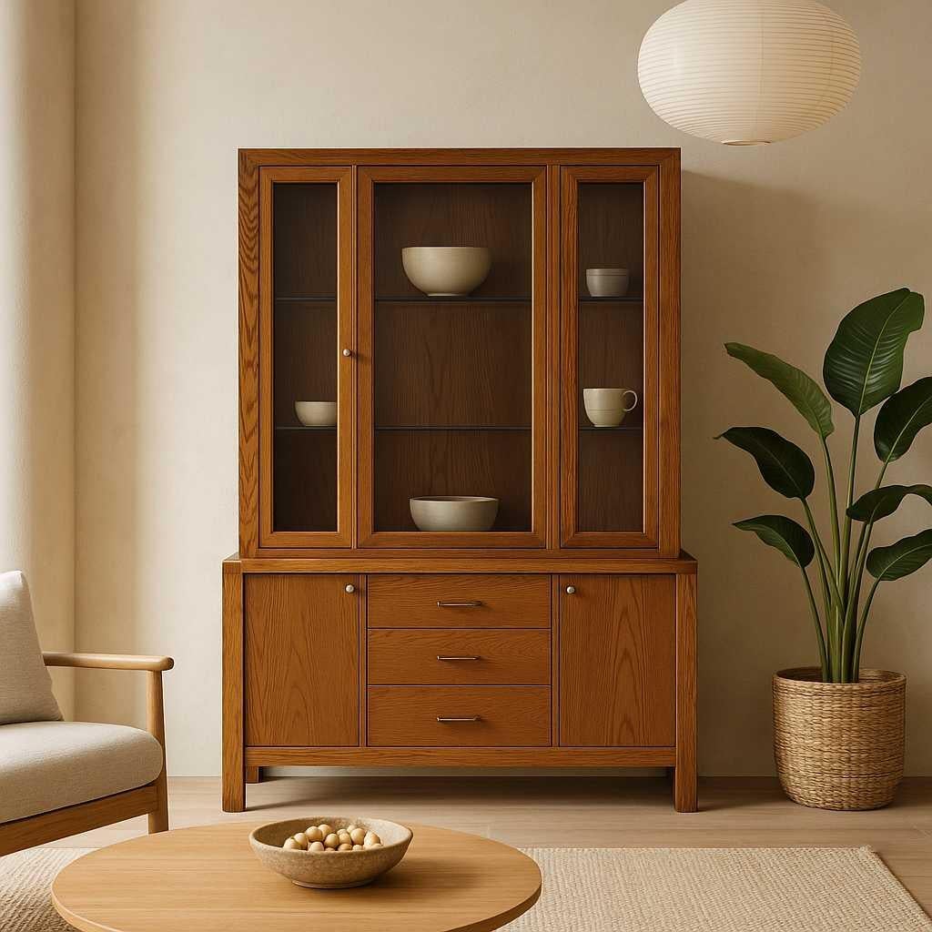 A substantial Mid-Century Modern hutch cabinet by Bernhardt, USA, crafted from warm oak and designed for both display and storage. The upper section features three glass-panel doors, glass shelving, and side glass panels for added visibility, along
