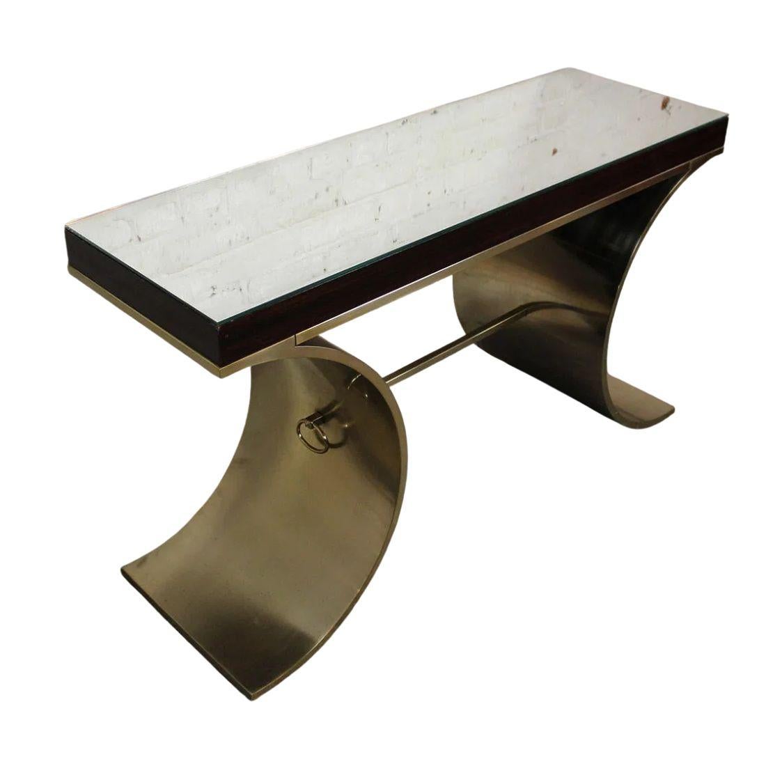 Hollywood Regency Bernhardt Modernist Brass Console With Mirrored Top For Sale