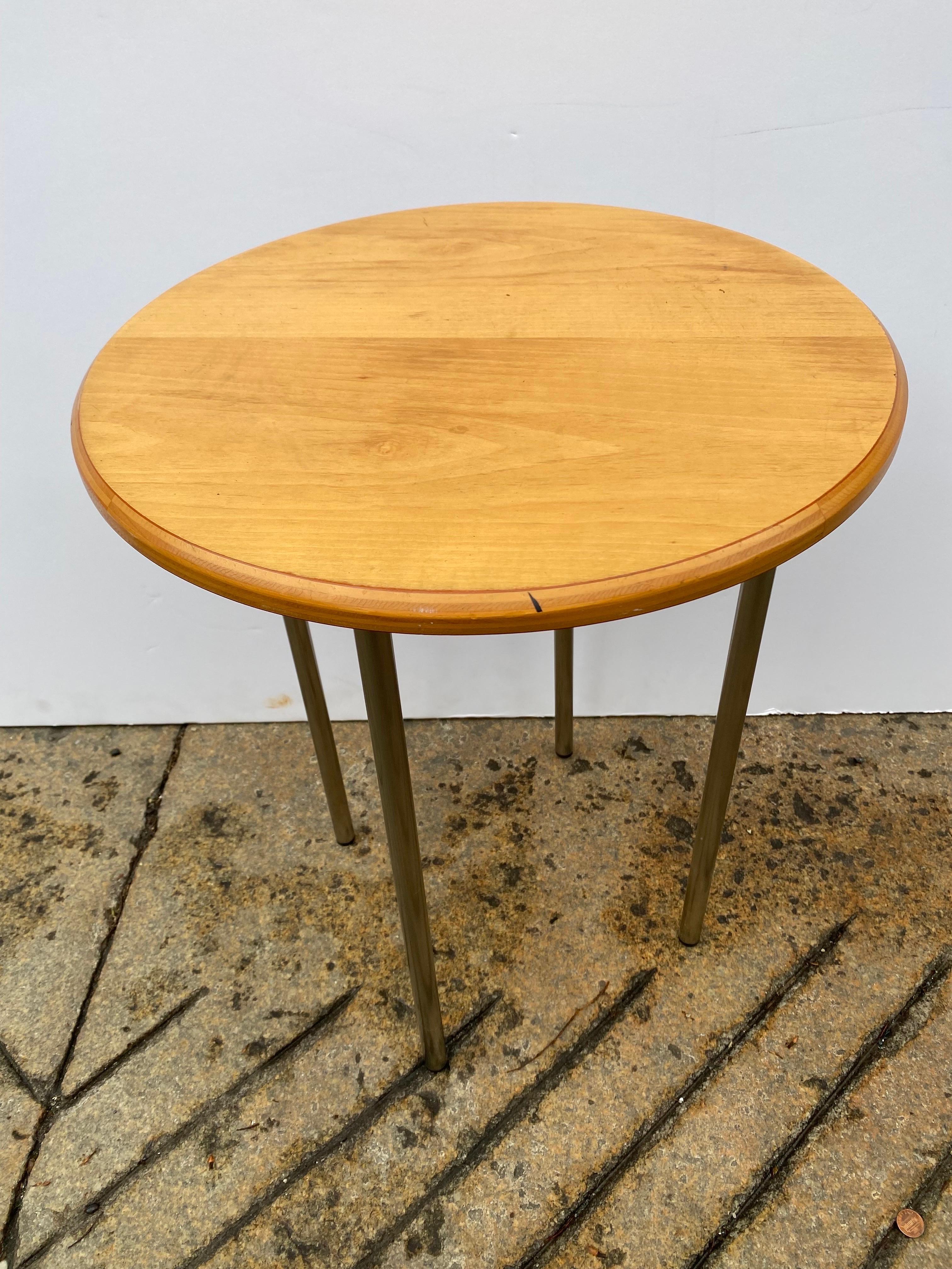 Bernhardt round maple topped side table with square chrome stock. Simple useful design!