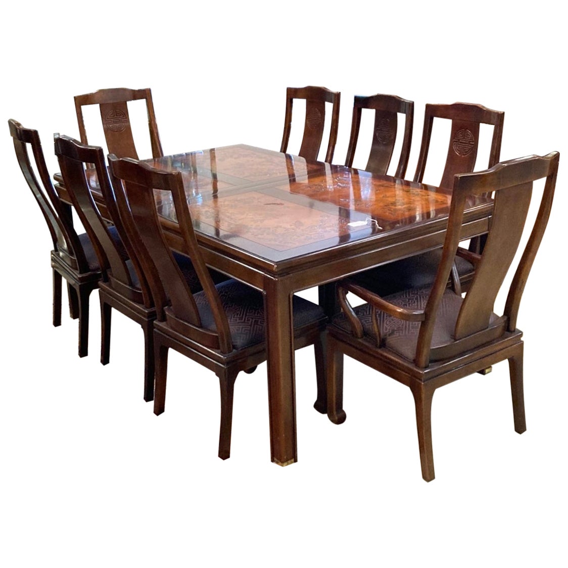 Bernhardt Table with 8 chairs, two extension and table cover For Sale