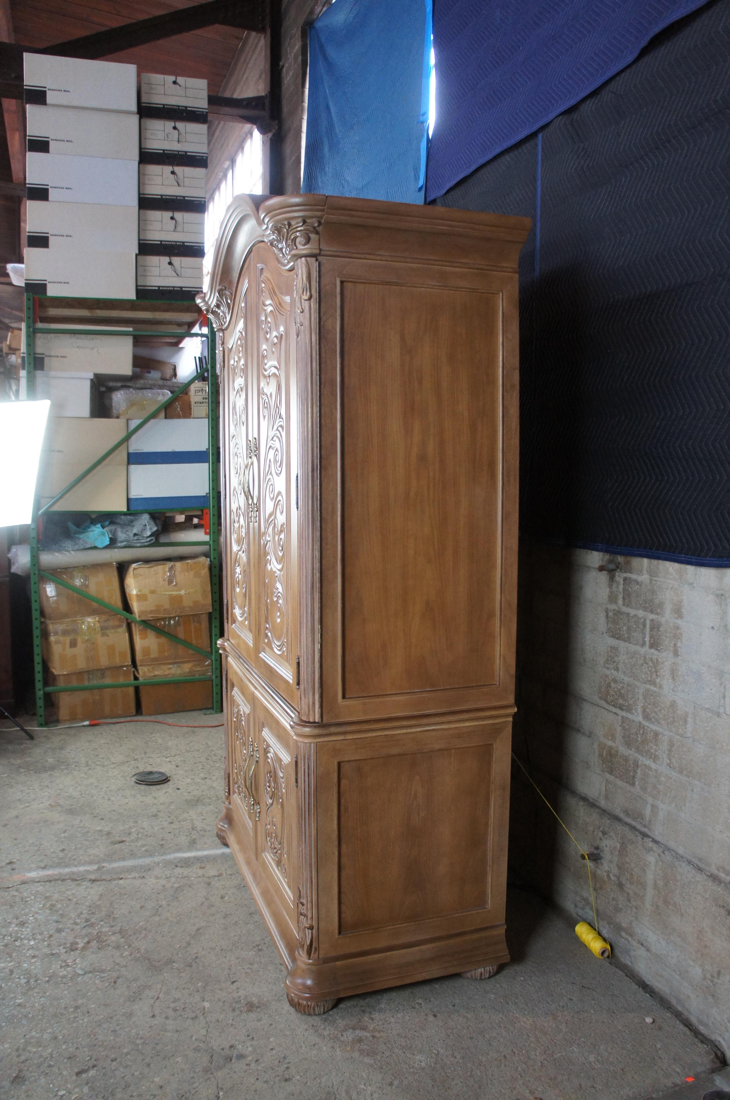 20th Century Bernhardt Tuscan Carved Oak Wardrobe Mirrored  Armoire Dresser TV Cabinet