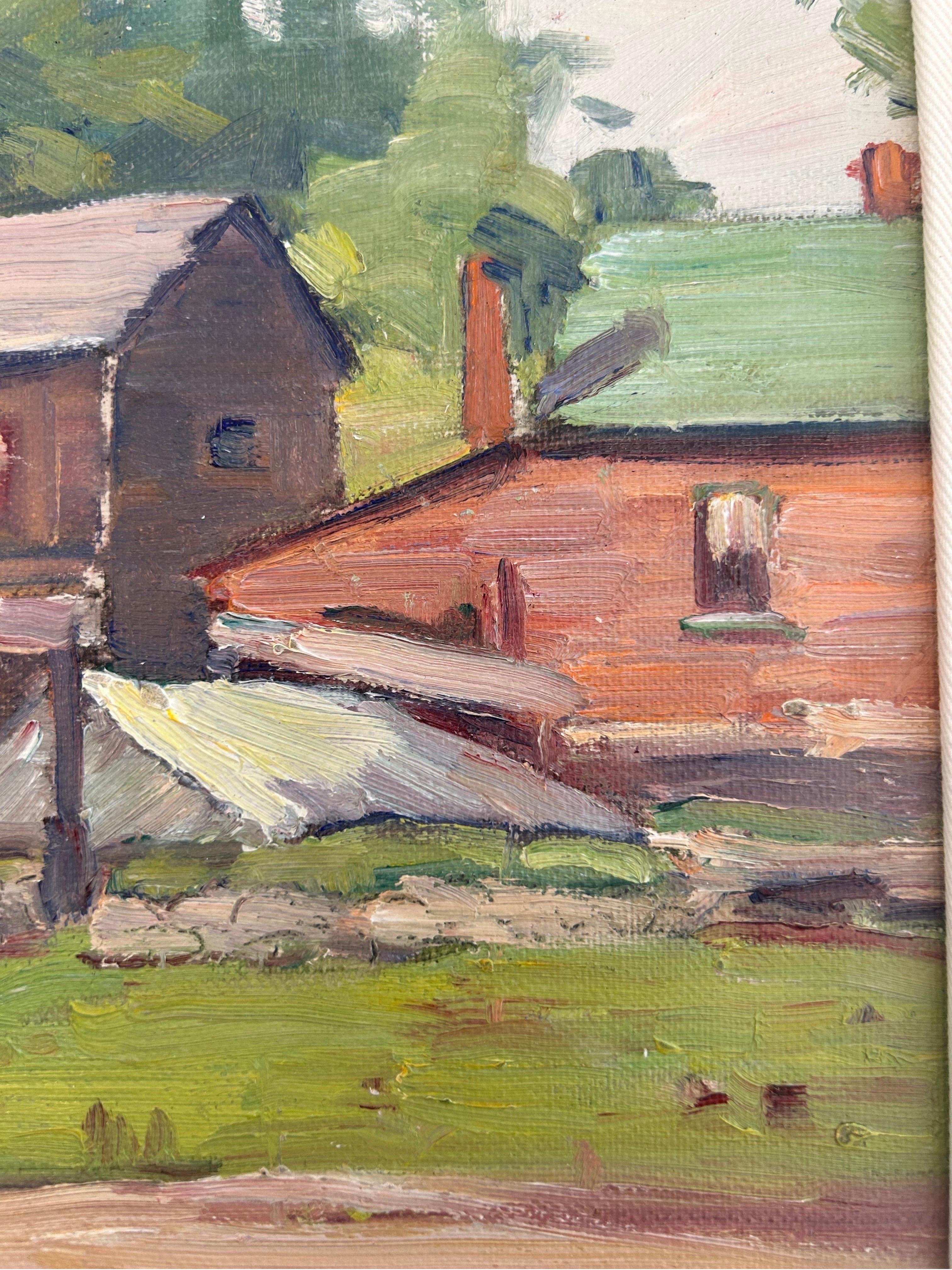 'Down on the Farm in Lambton' Midcentury Oil Painting of Rural Landscape - Brown Landscape Painting by Bernice Fenwick Martin