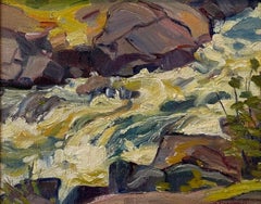 'Muskoka Rapids' Pintura al óleo de mediados de siglo sobre un paisaje de cascadas