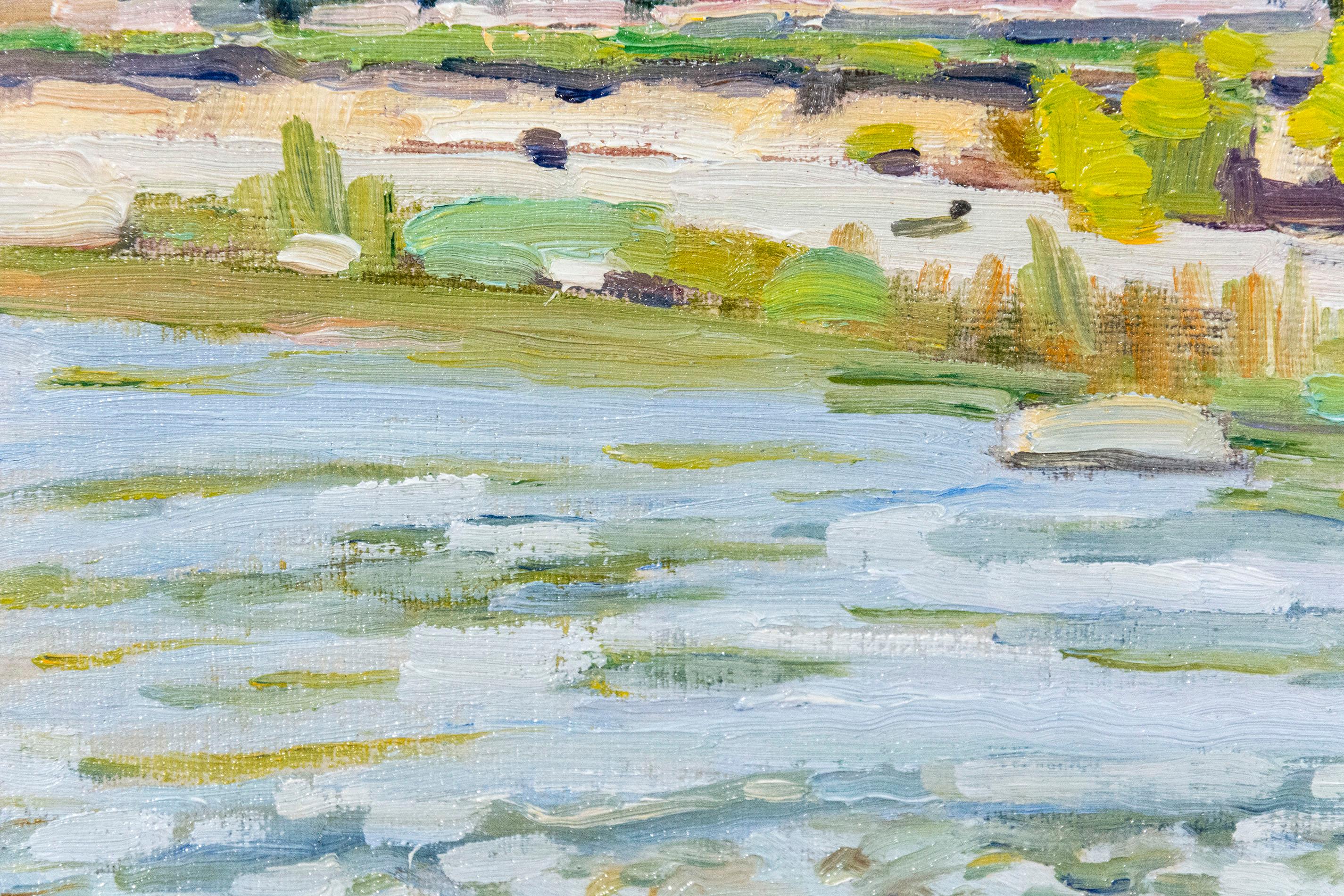 Paisaje romántico, óleo sobre tabla.  Un aserradero se ve desde el otro lado de un río rápido en esta encantadora escena cerca de Woodbridge, Ontario, por Bernice Martin. Título, fecha en el reverso. Este cuadro no tiene marco. Woodbridge, Ontario,
