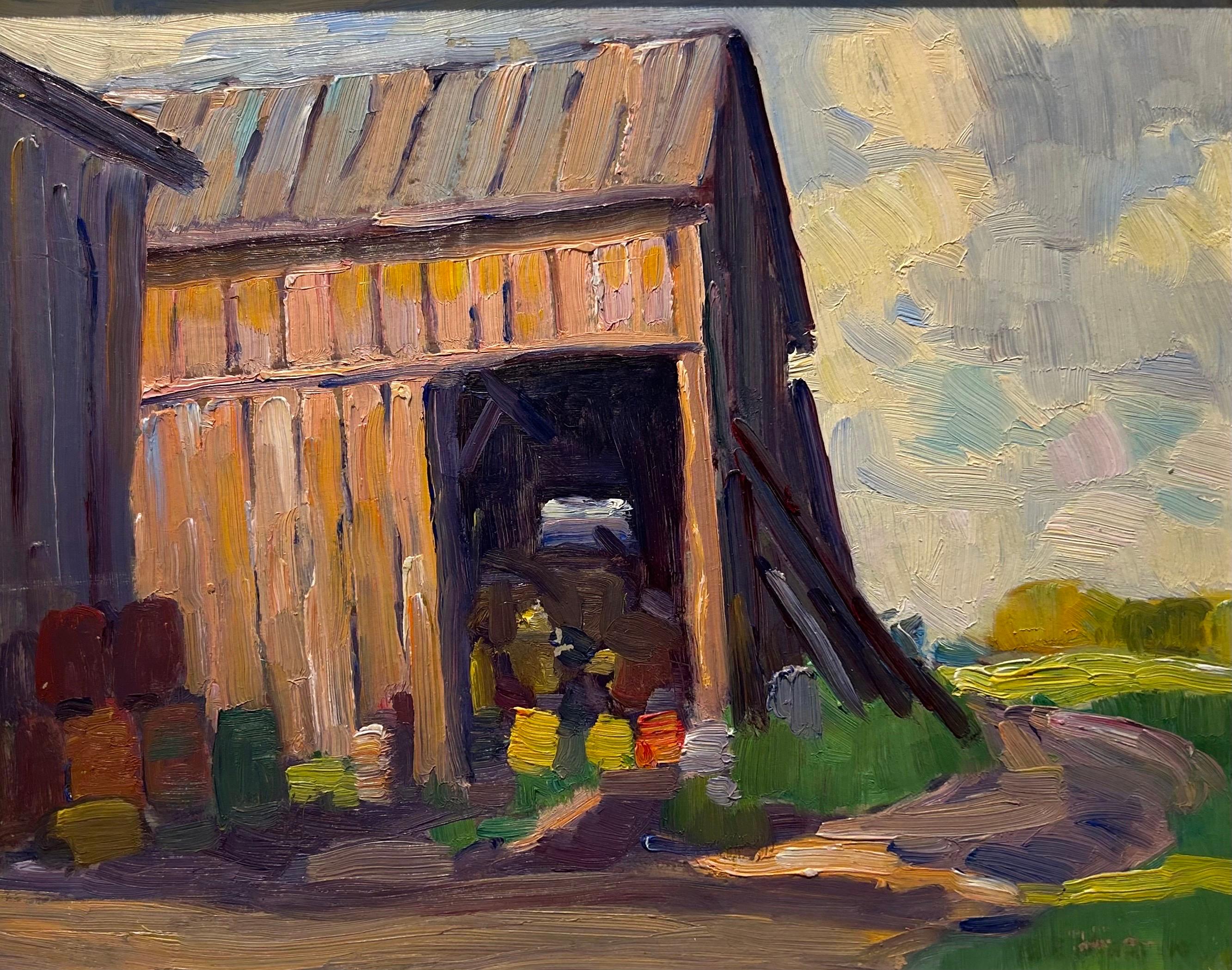 Vecchio fienile, Muskoka' Pittura a olio di metà secolo di un paesaggio rurale - Painting di Bernice Fenwick Martin