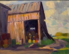 'Viejo granero, Muskoka' Pintura al óleo de paisaje rural de mediados de siglo