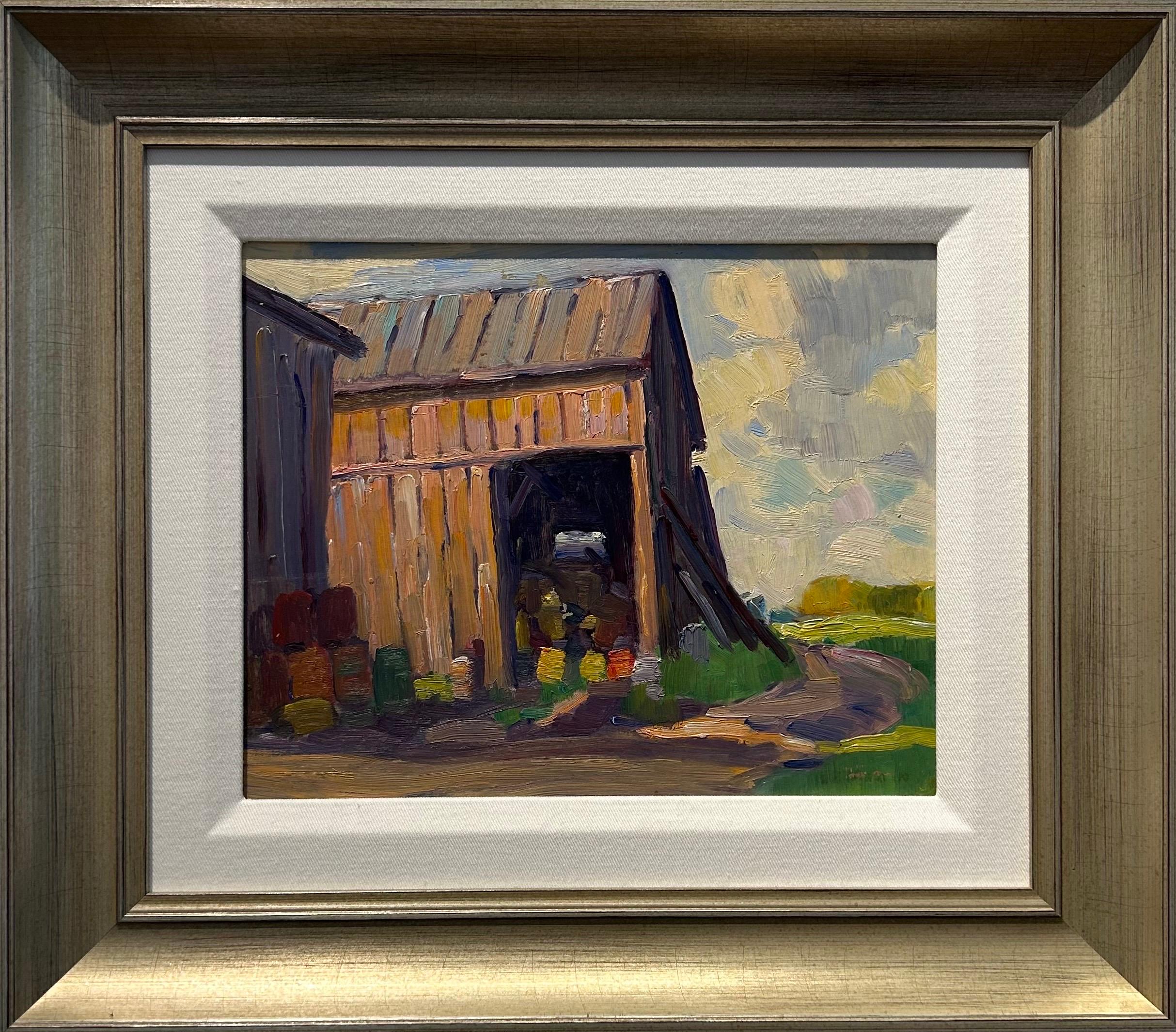 Landscape Painting di Bernice Fenwick Martin - Vecchio fienile, Muskoka' Pittura a olio di metà secolo di un paesaggio rurale