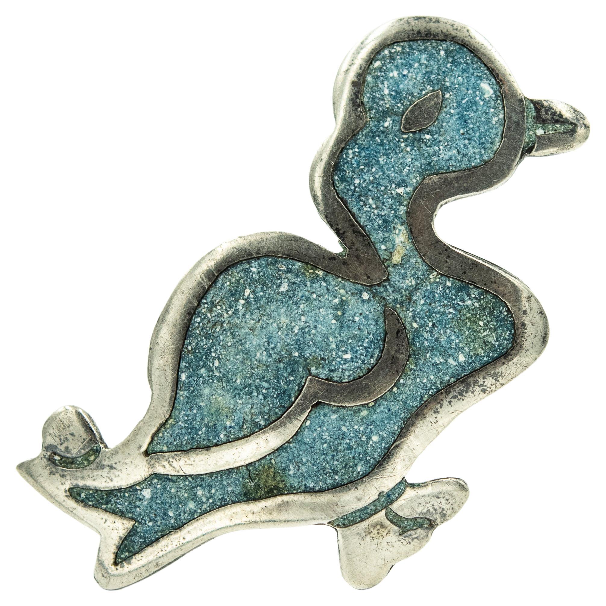 Bernice Goodspeed Mexican Sterling Silver Inlaid Gemstone Duck Brooch Pin
