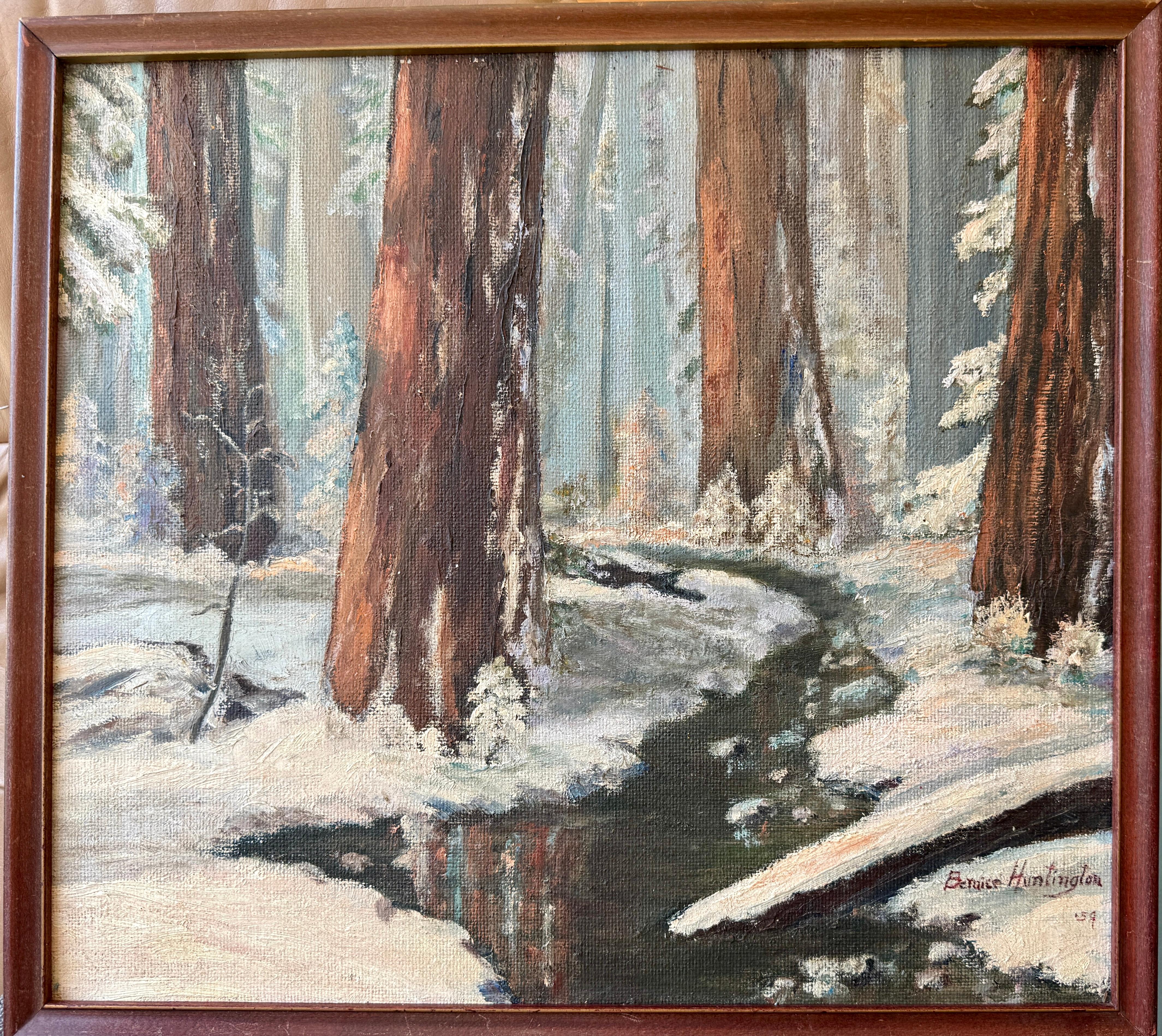 High Sierra California Redwoods in the Snow - Painting by Bernice Huntington