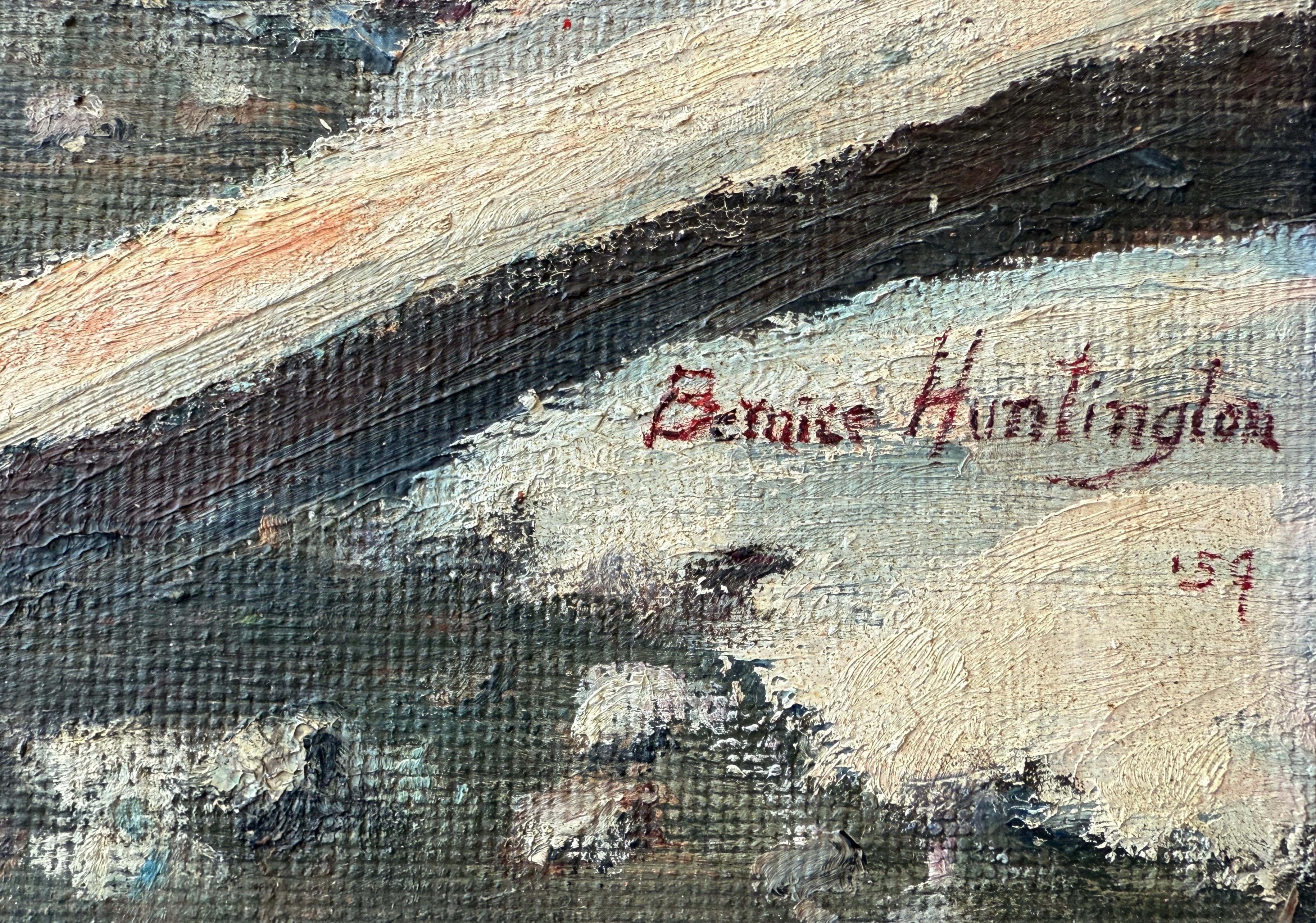 High Sierra California Redwoods in the Snow - Brown Landscape Painting by Bernice Huntington