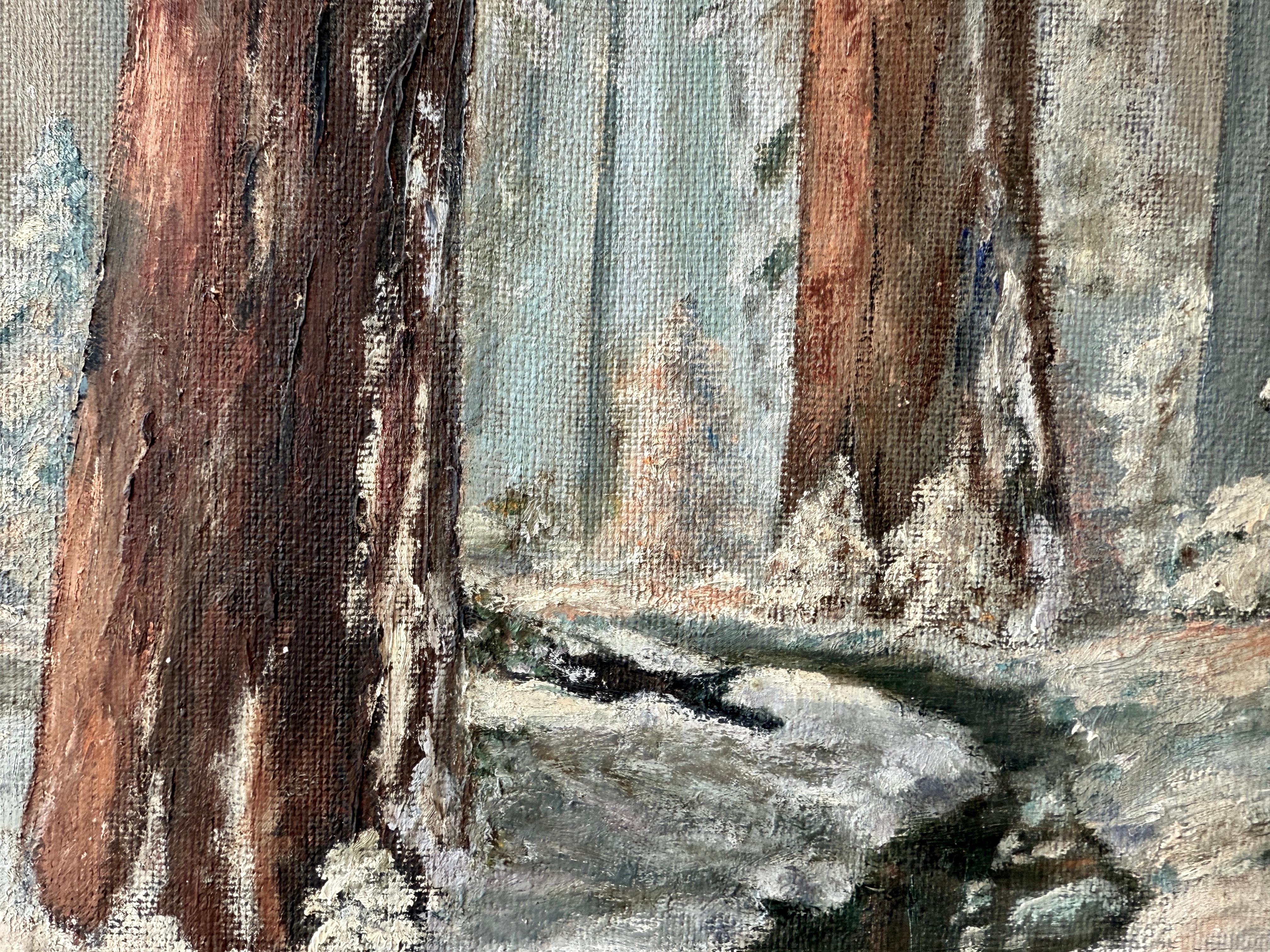 Redwoods in the Snow by Bernice Huntington 1906-1998

Idyllic scene depicting a creek running through a snowy redwood forest. The trees reflect slightly in the water and add a pop of warm color to the landscape. Textured and visible brushstrokes add