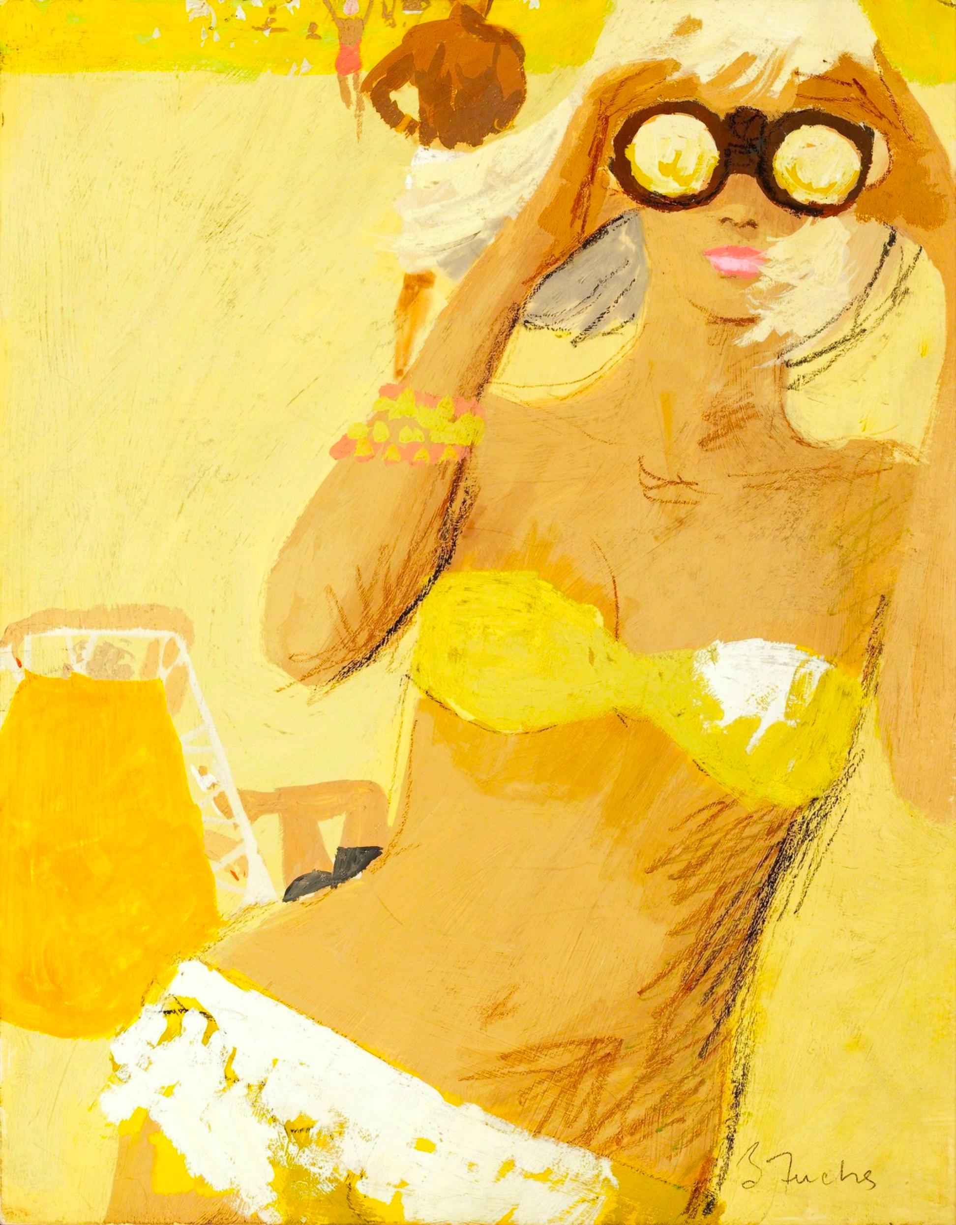 Bernie Fuchs Figurative Painting - Blond Girl in Yellow with Binoculars at the beach
