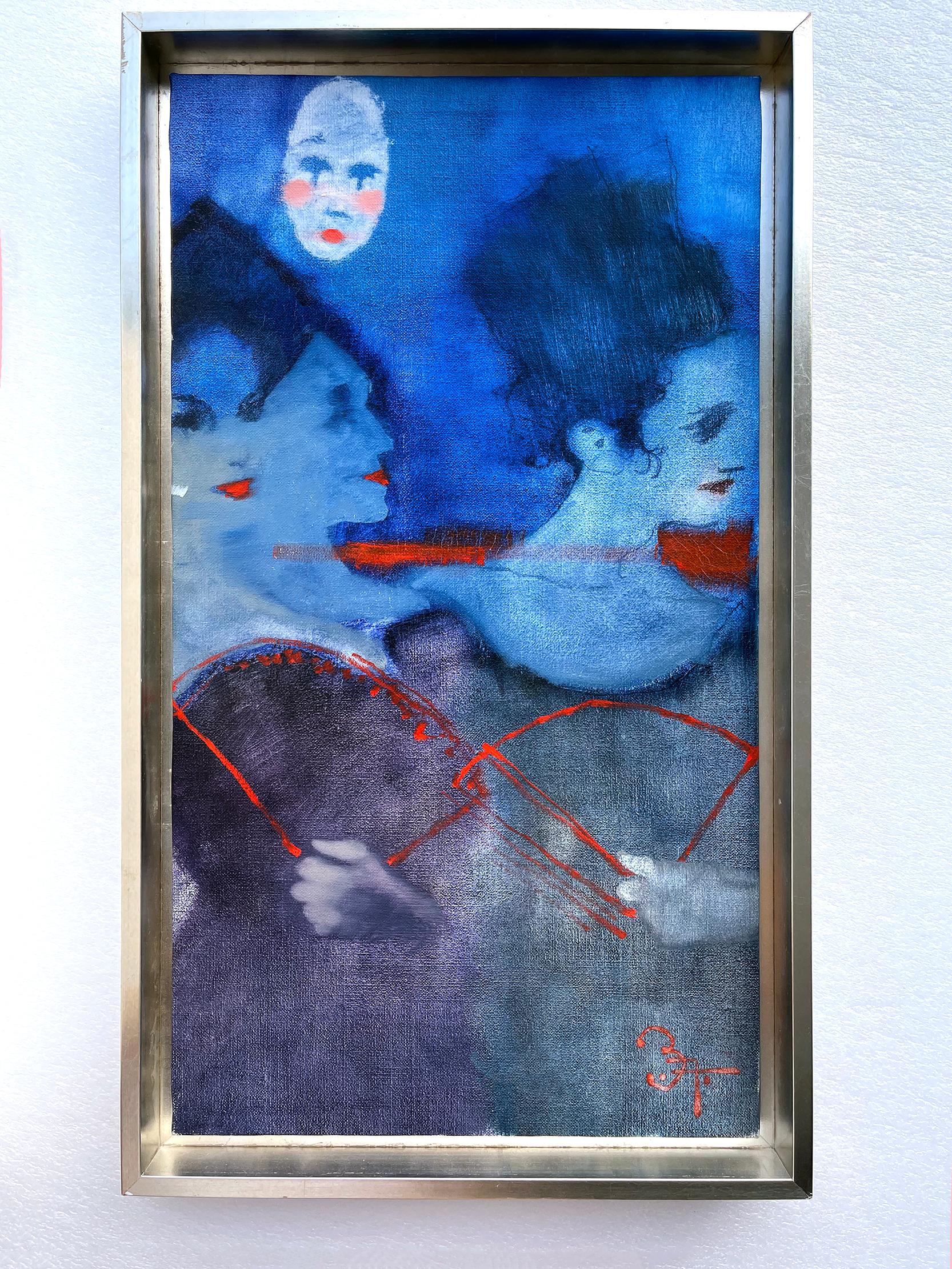 Portrait de trois fauteuils fauve  Femmes en bleu tenant des Abanicos rouges - Painting de Bernie Fuchs