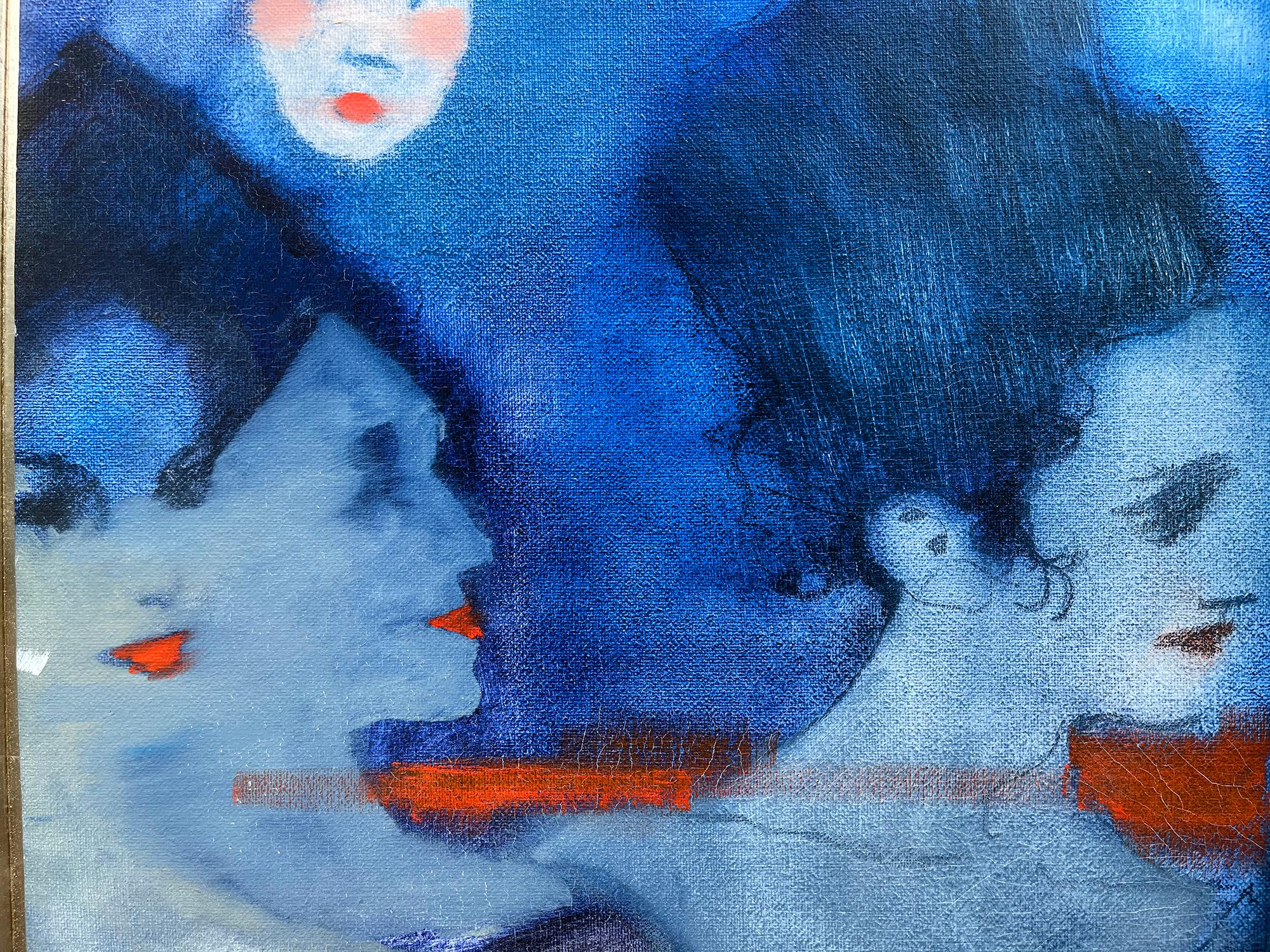 Fauve-Porträt von drei  Frauen in Blau halten rote Abanicos im Angebot 1