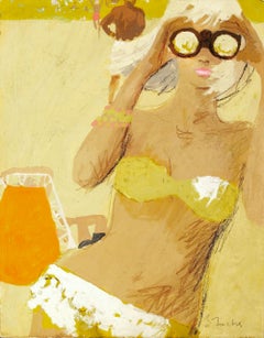 Retro Blond Girl in Yellow with Binoculars at the beach