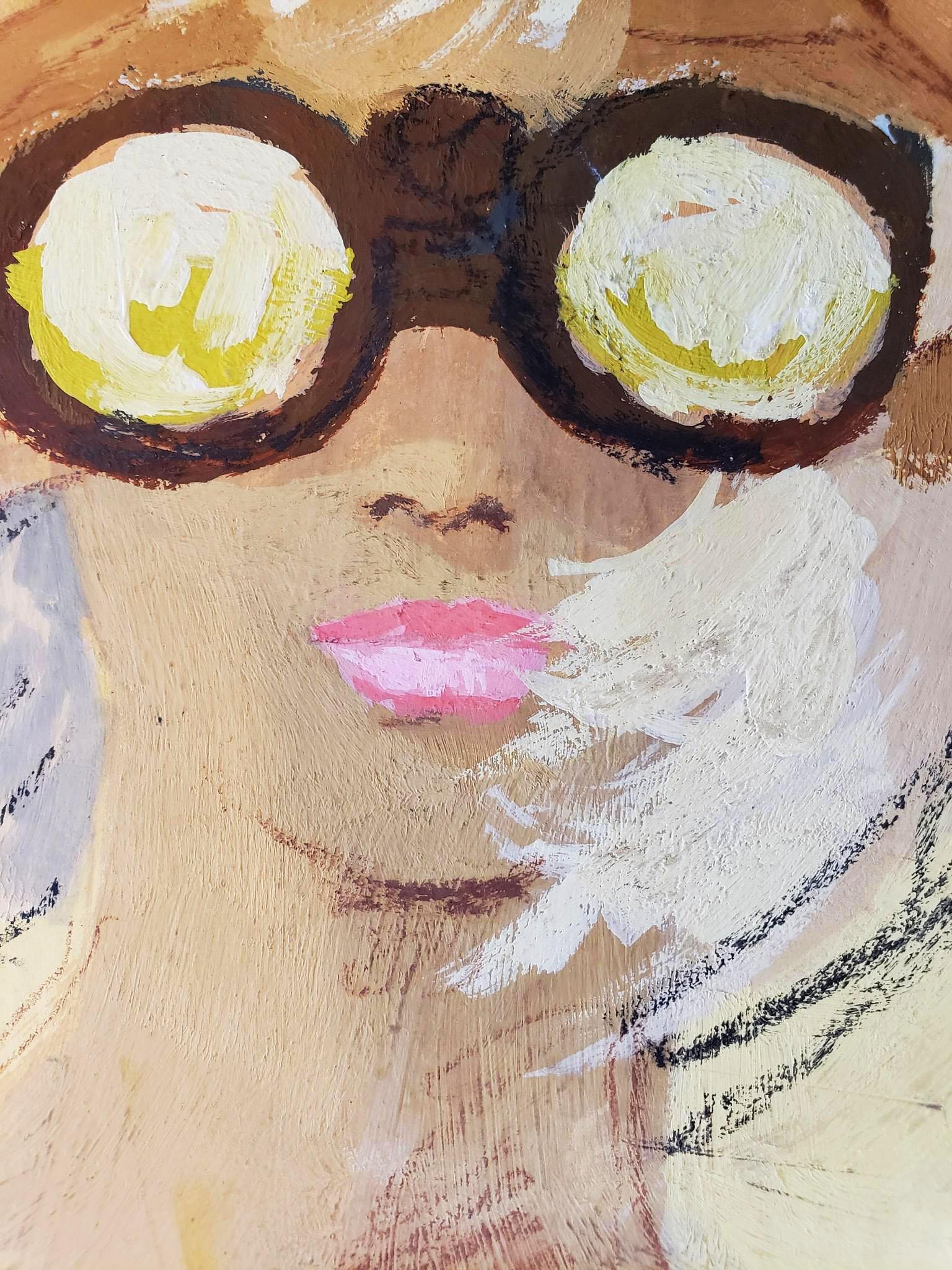Retro Blond Girl in Yellow with Binoculars at the beach - Post-Impressionist Painting by Bernie Fuchs