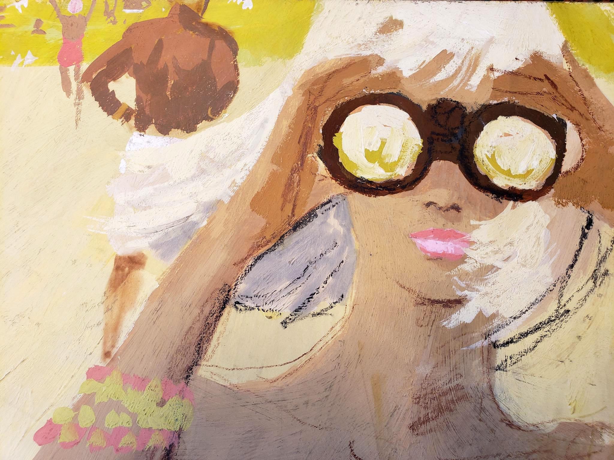 Retro Blond Girl in Yellow with Binoculars at the beach 1