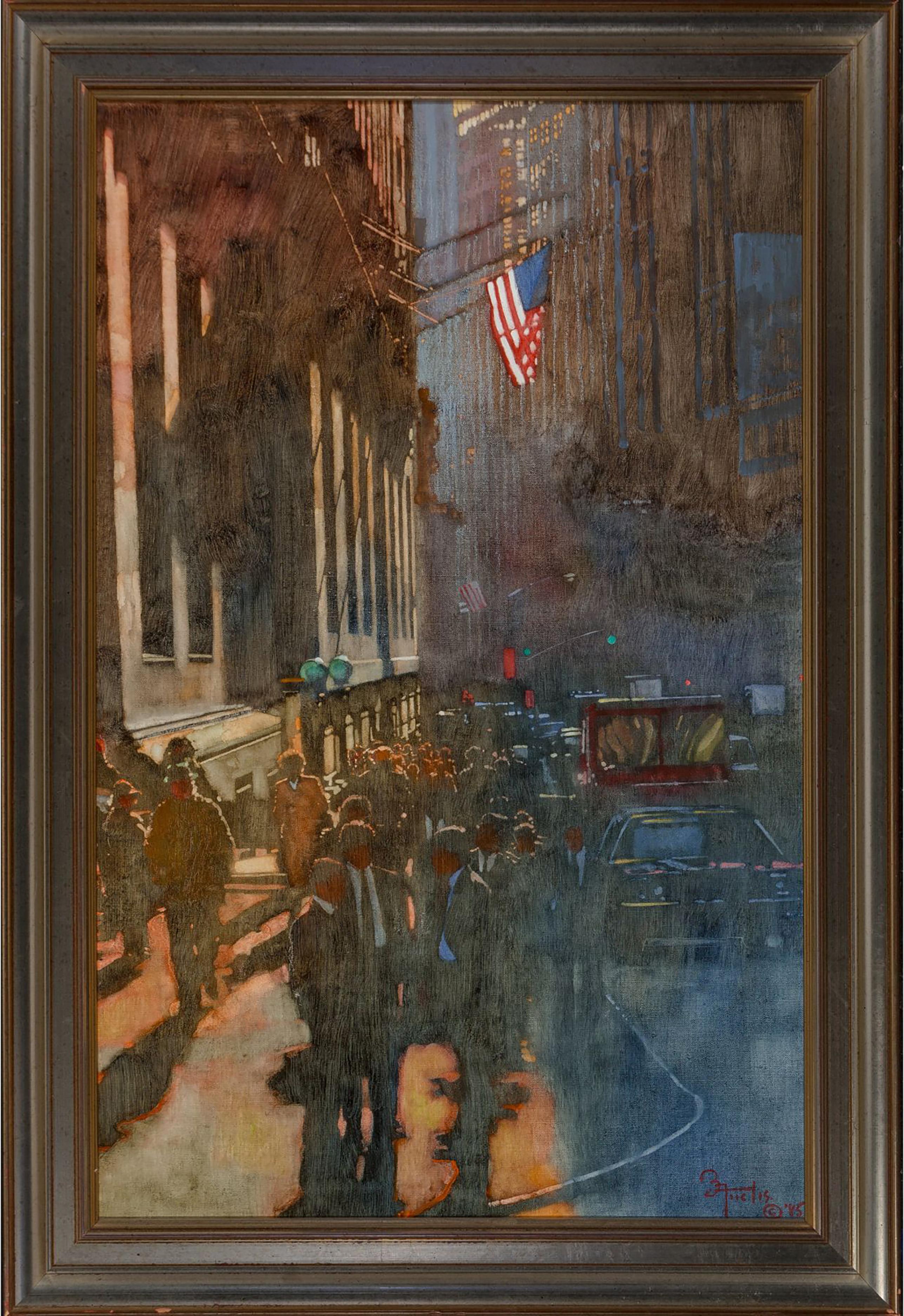 Wall Street in Light and Shadow - Painting by Bernie Fuchs